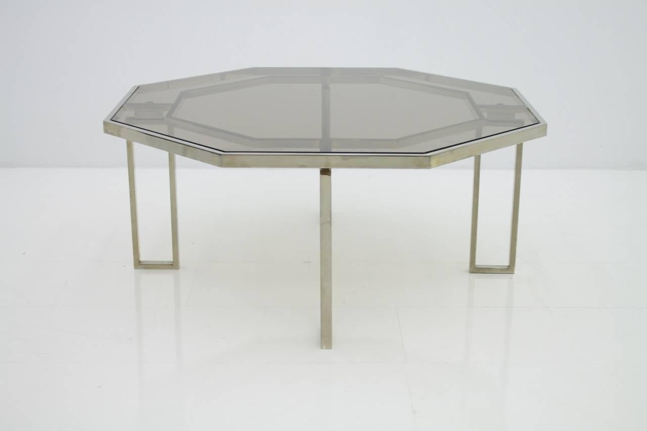 French Octagonal Coffee Table with Metal Base and Glass Top, 1960s For Sale