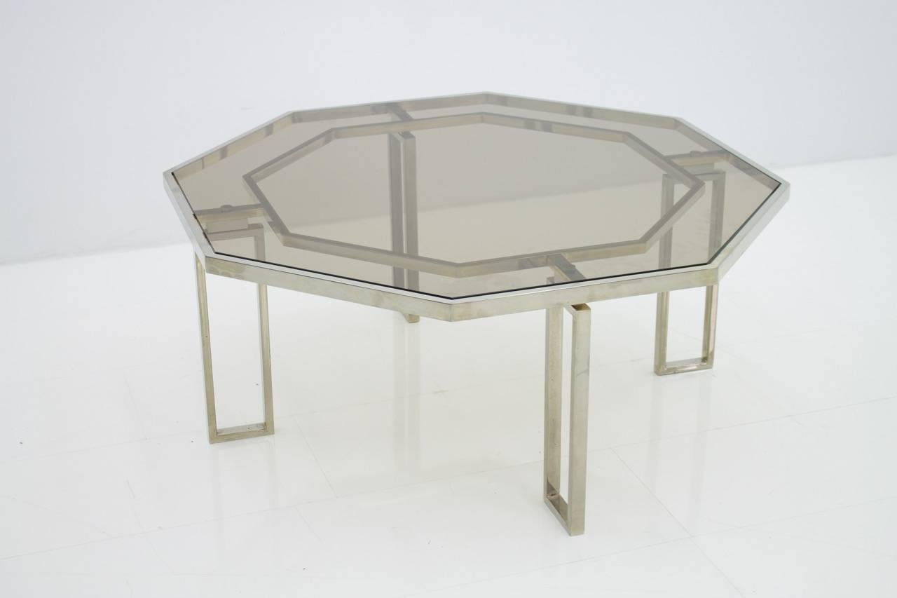 Octagonal Coffee Table with Metal Base and Glass Top, 1960s In Good Condition For Sale In Frankfurt / Dreieich, DE