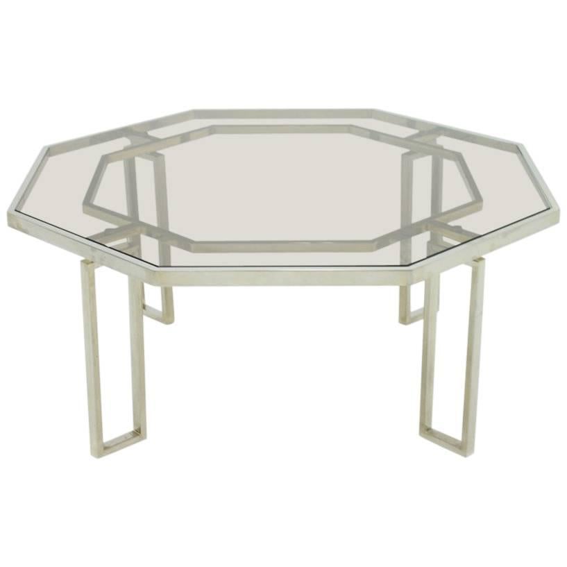 Octagonal Coffee Table with Metal Base and Glass Top, 1960s For Sale