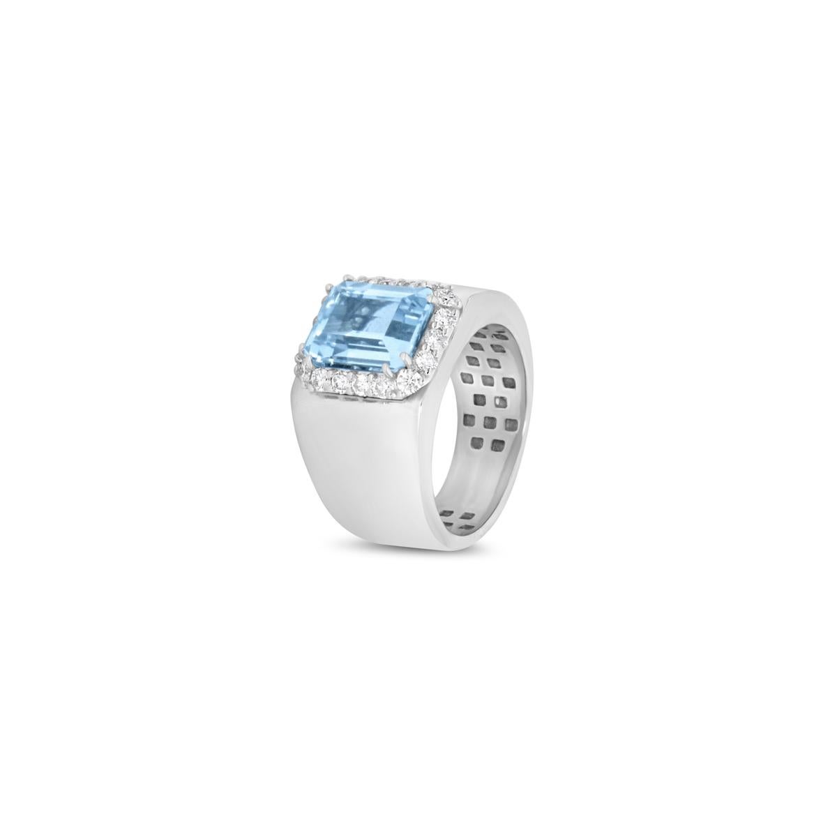 Artisan Octagonal cut Aquamarine Band Ring with Diamond Halo in 18kt white gold   For Sale