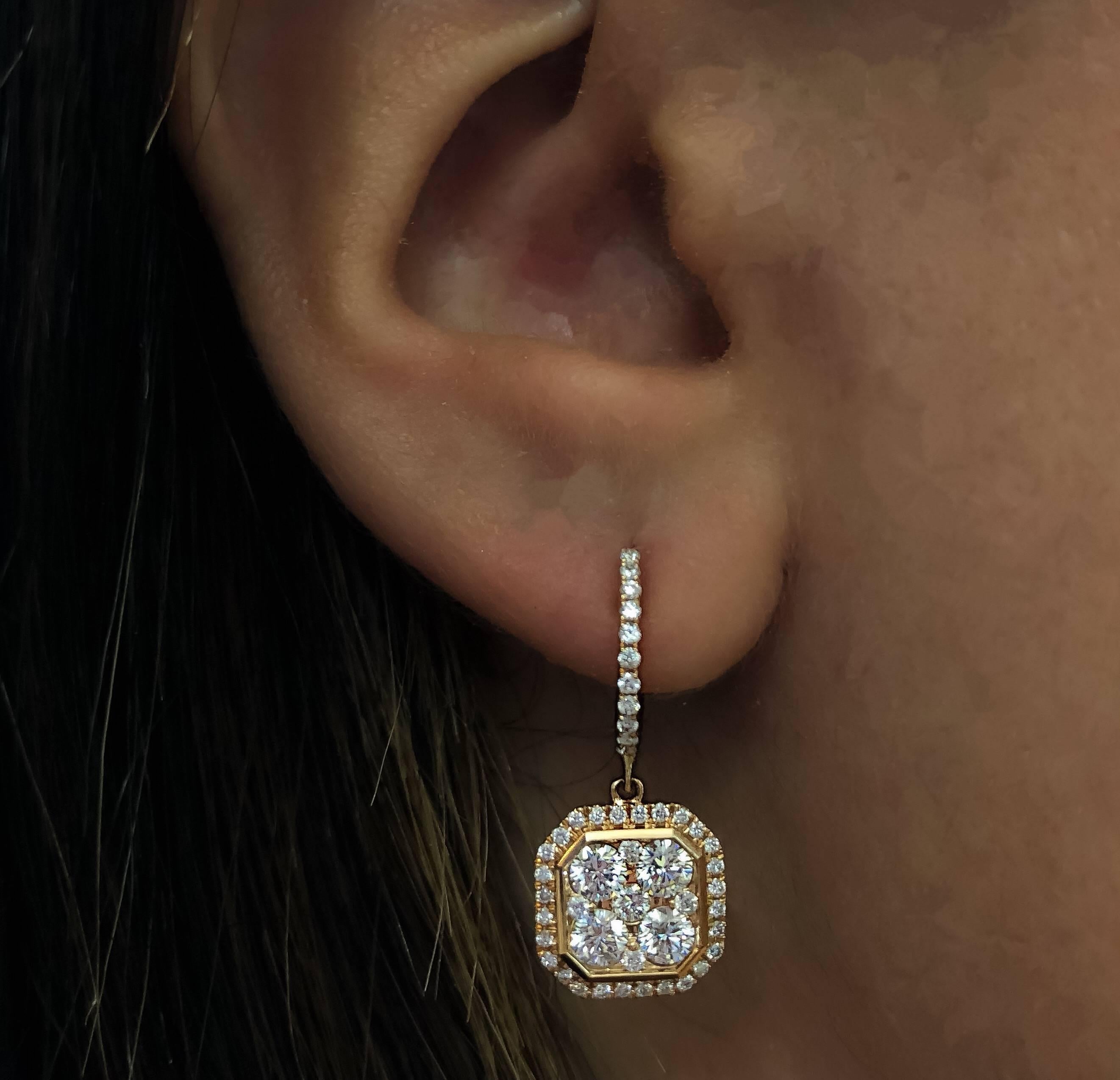 Contemporary 18 Karat Rose Gold Classic Octagonal Dangling Diamond Earrings 
