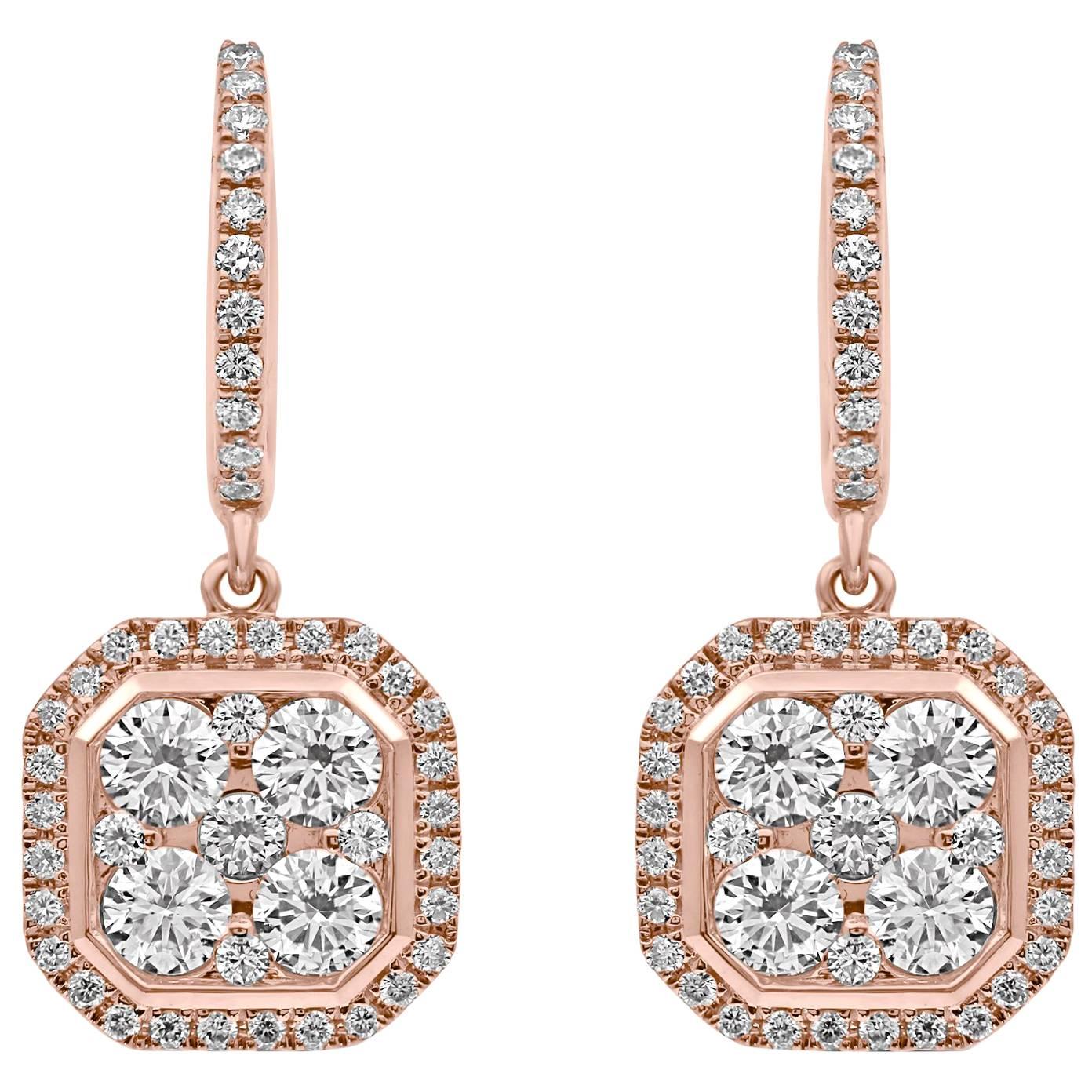 18 Karat Rose Gold Classic Octagonal Dangling Diamond Earrings 