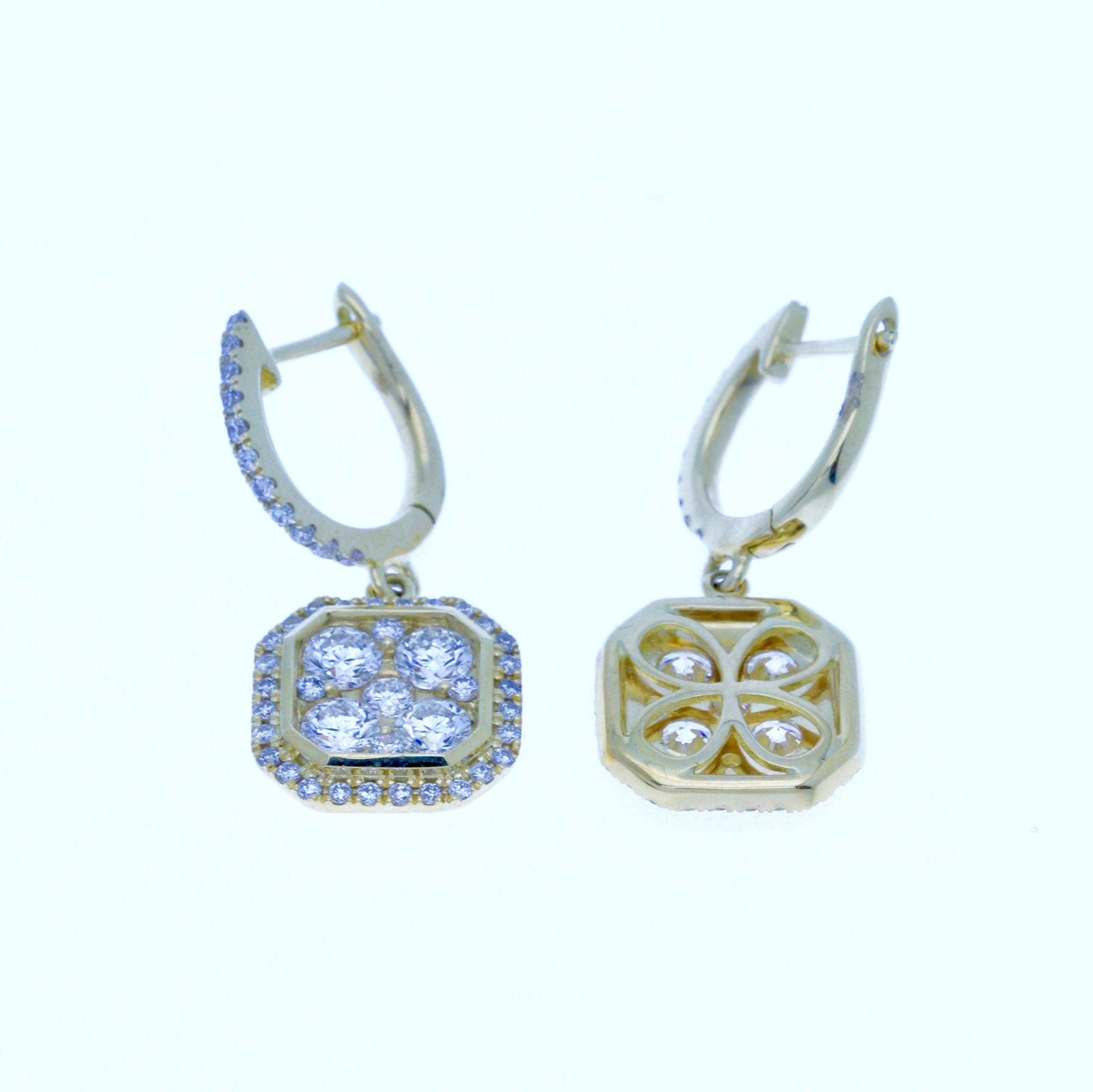 Round Cut Octagonal Dangling Diamond Earrings Yellow Gold