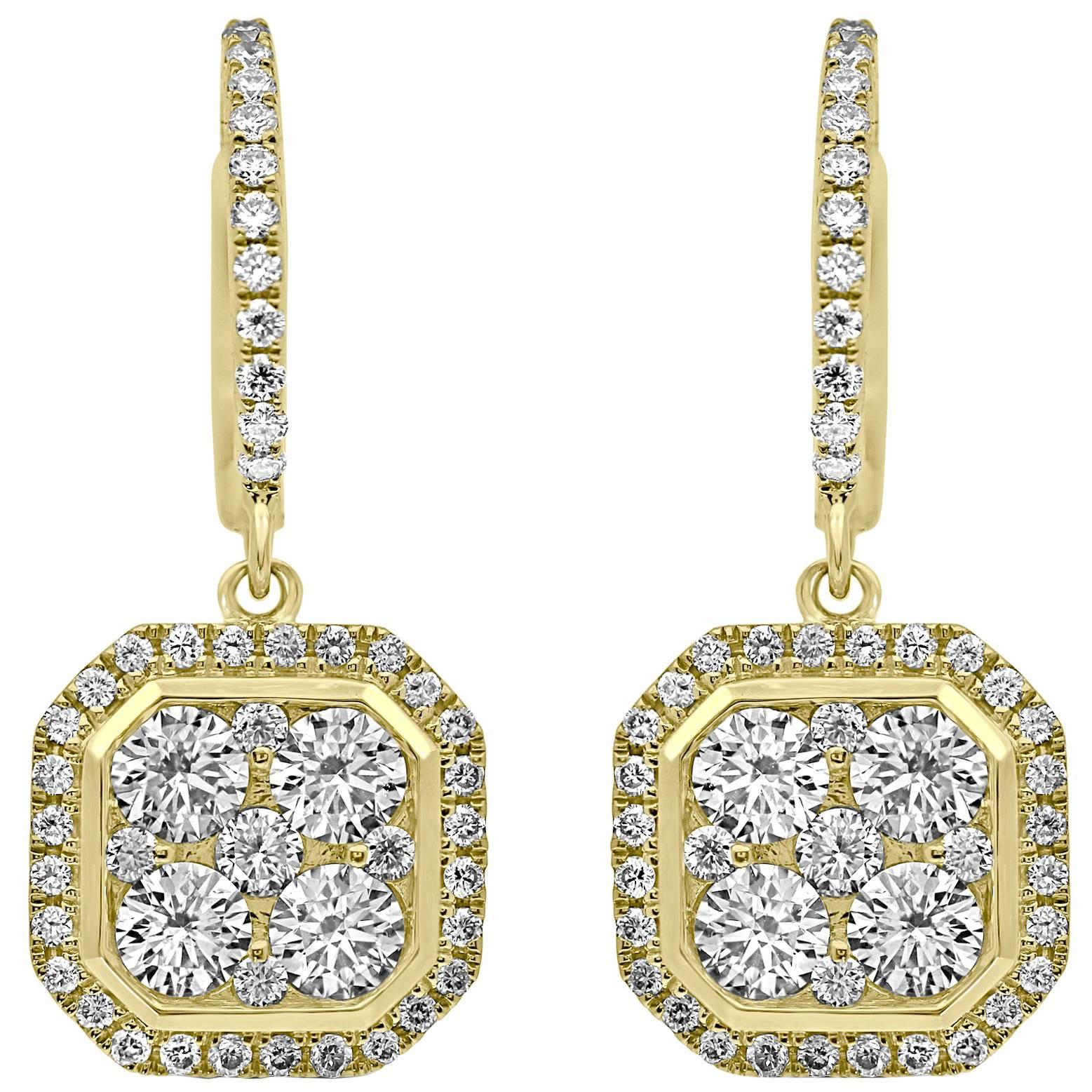 Octagonal Dangling Diamond Earrings Yellow Gold