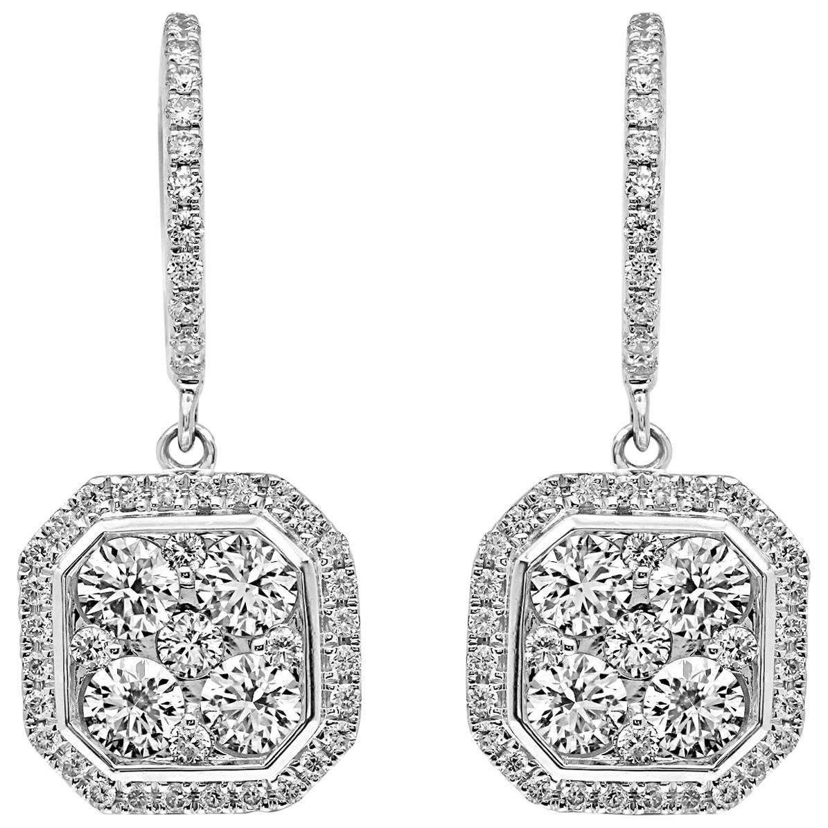 18 Karat White Classic Gold Octagonal Dangling White Diamond Earrings For Sale