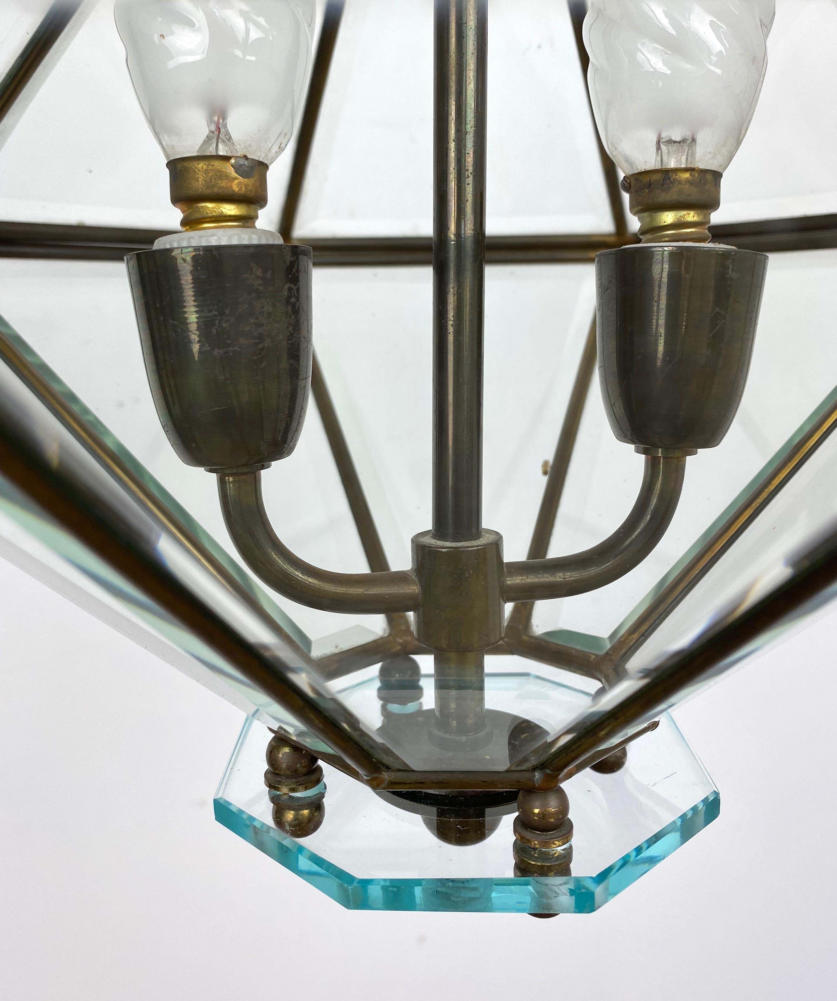 Octagonal Diamond Chandelier Lantern Brass and Glass Fontana Arte, Italy, 1950s For Sale 2