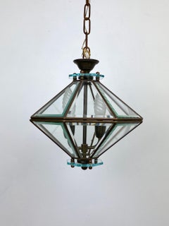 Midcentury Chandelier Lantern Brass & Glass Adolf Loos Style, Italy, 1950s