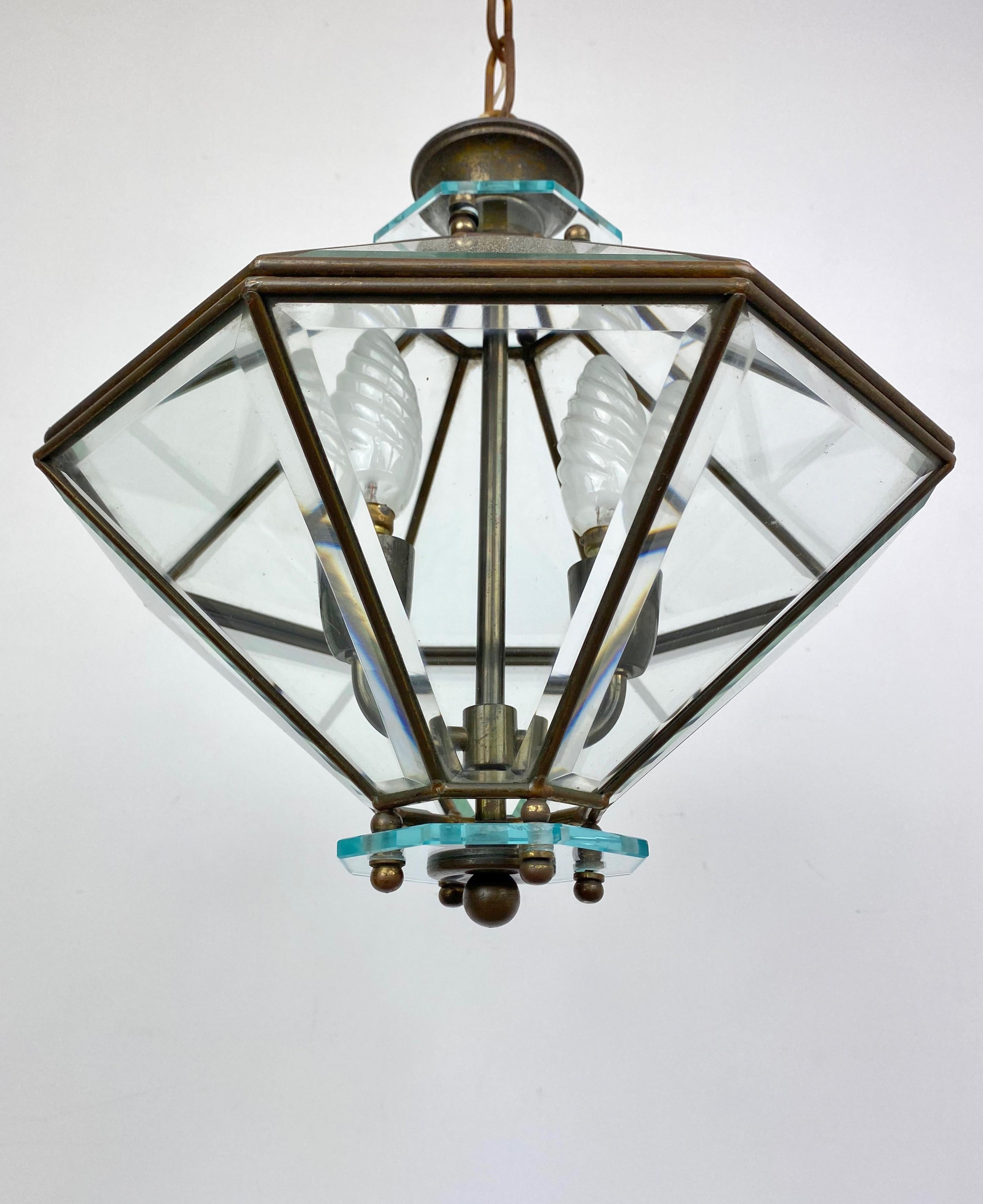 Mid-Century Modern Octagonal Diamond Chandelier Lantern Brass and Glass Fontana Arte, Italy, 1950s For Sale