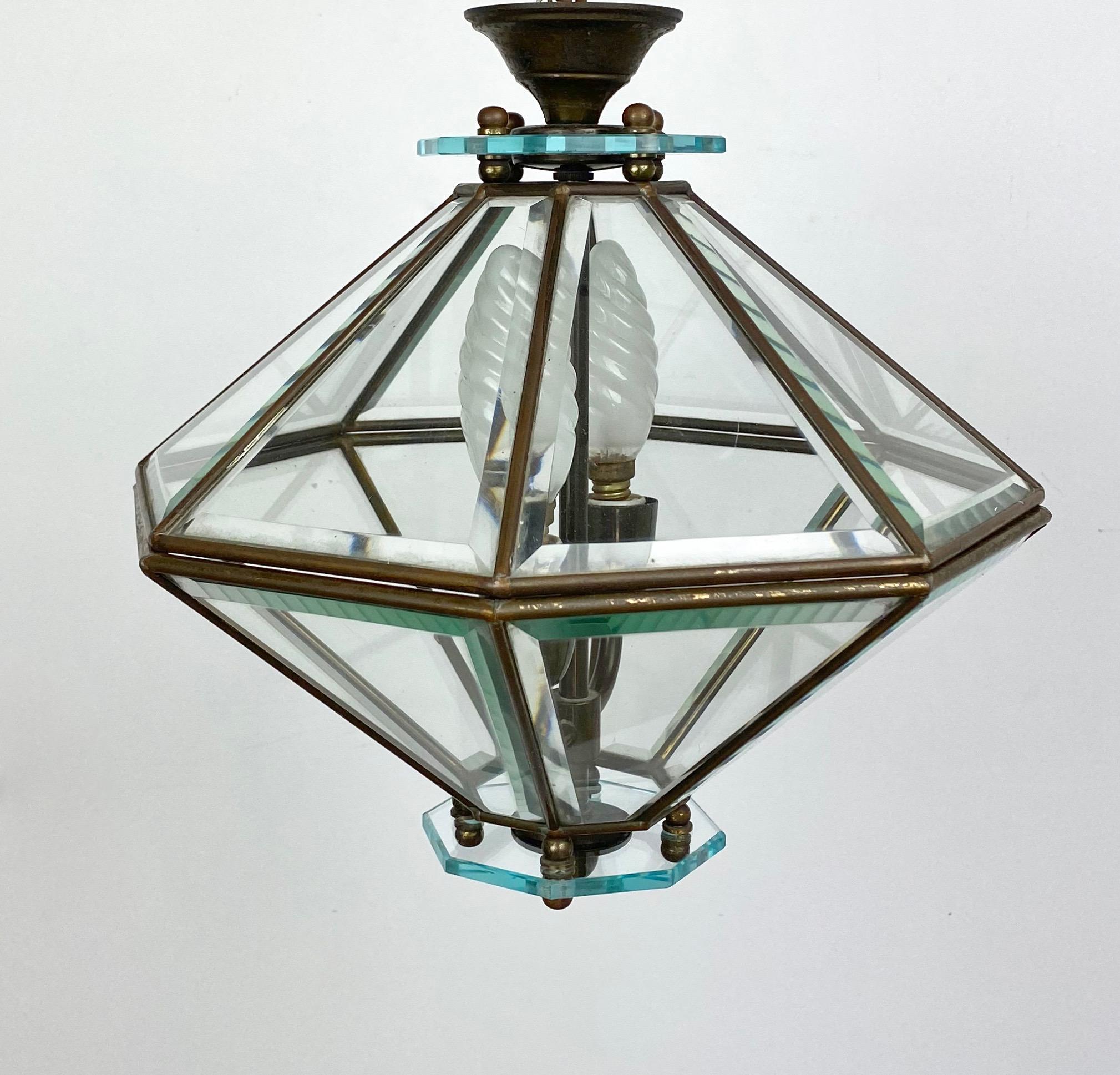 Italian Octagonal Diamond Chandelier Lantern Brass and Glass Fontana Arte, Italy, 1950s For Sale