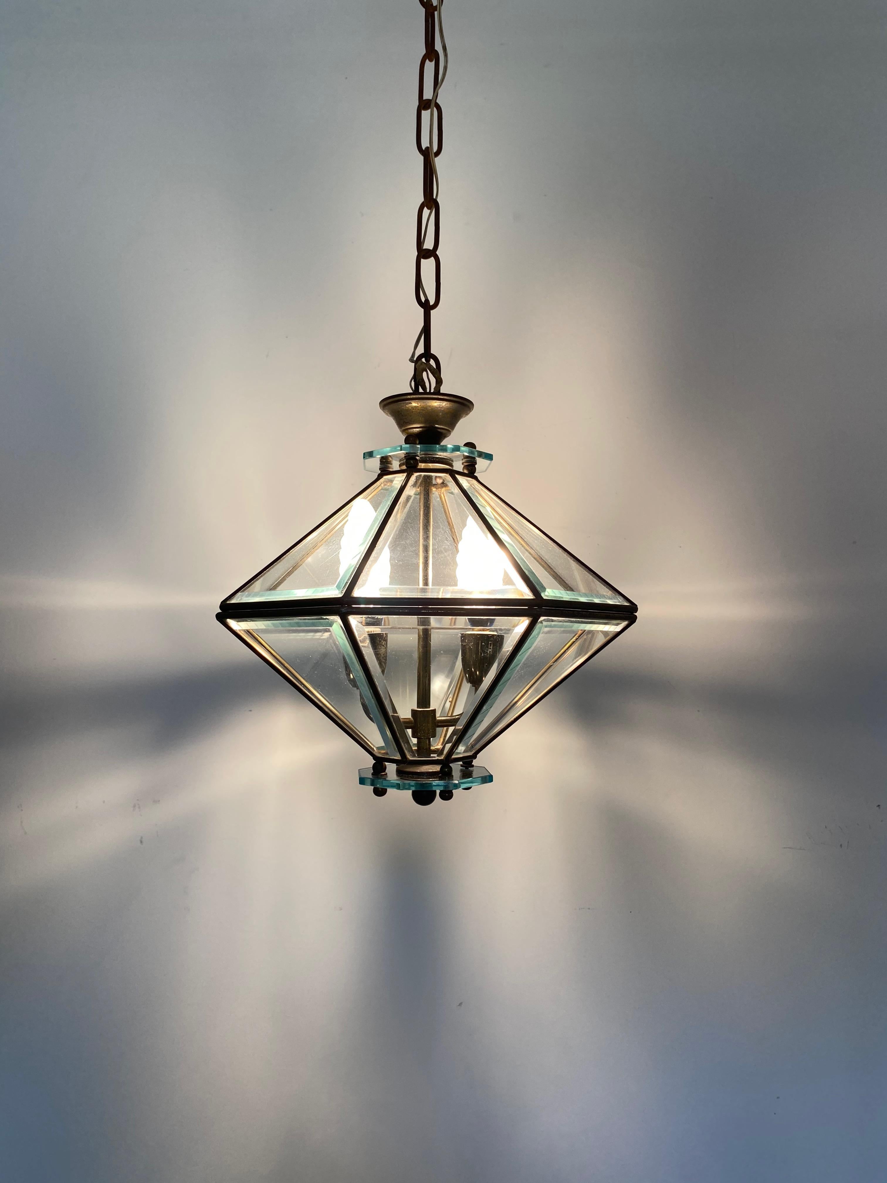 Octagonal Diamond Chandelier Lantern Brass and Glass Fontana Arte, Italy, 1950s In Good Condition For Sale In Rome, IT