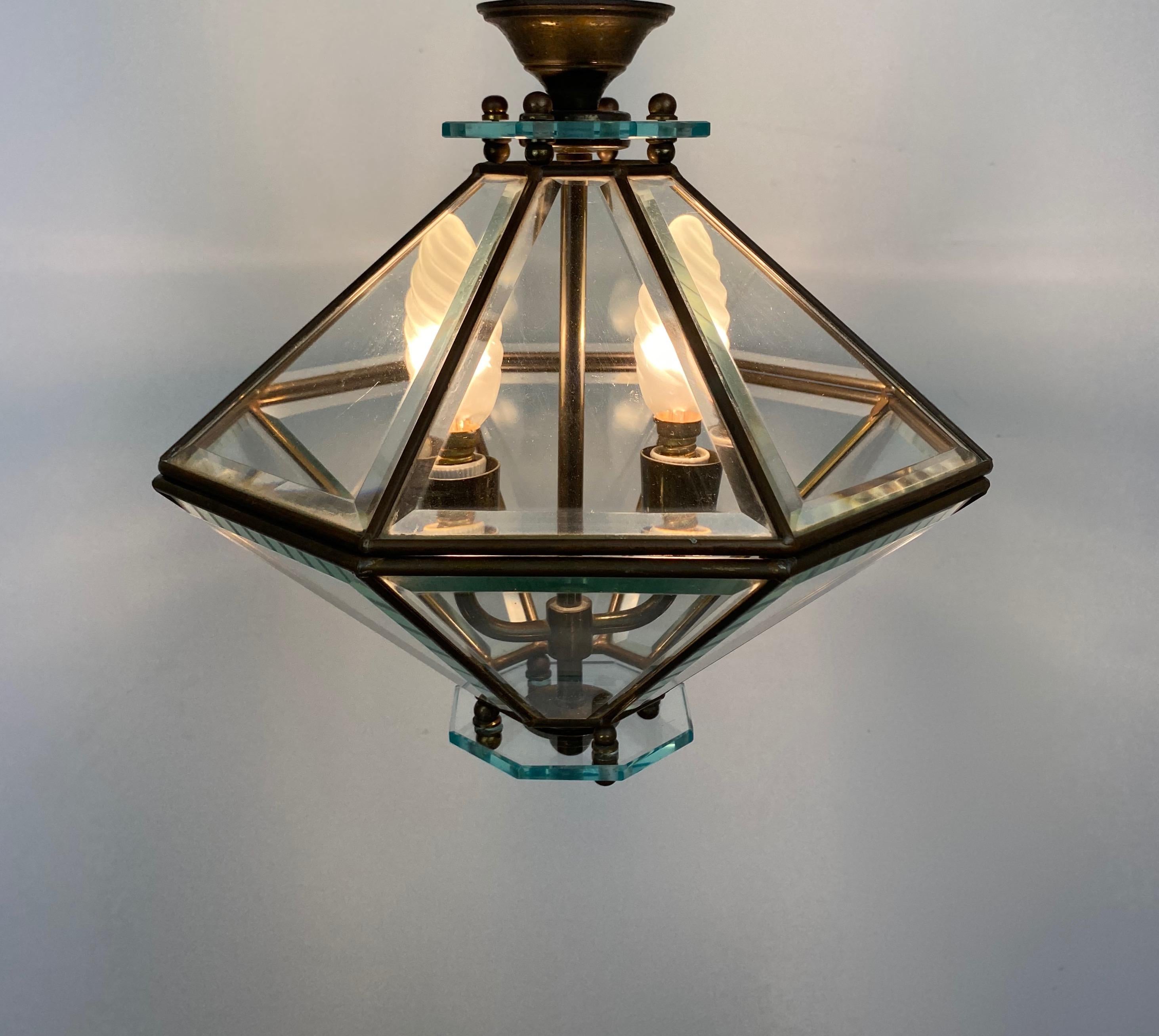 Mid-20th Century Octagonal Diamond Chandelier Lantern Brass and Glass Fontana Arte, Italy, 1950s For Sale