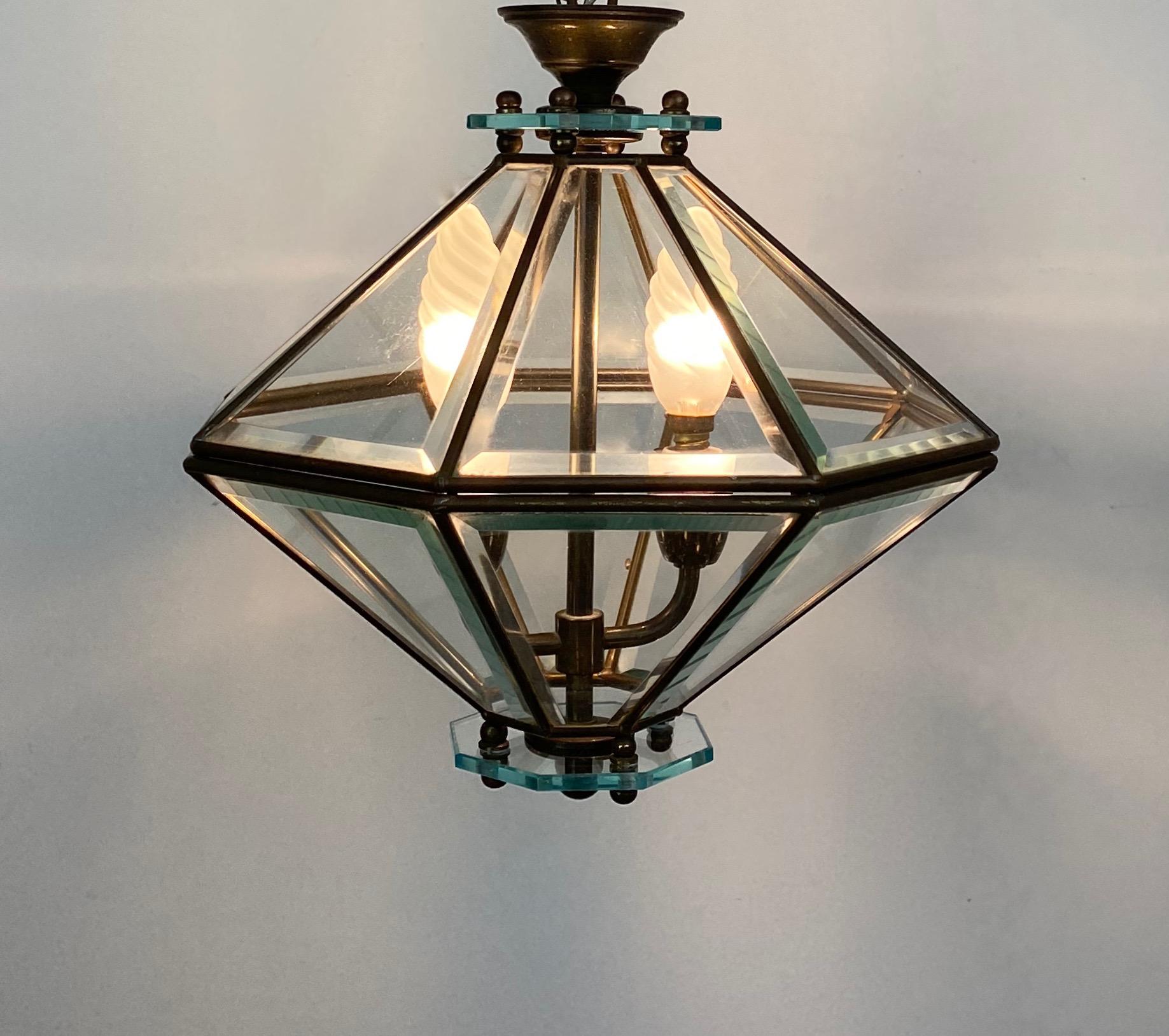 Metal Octagonal Diamond Chandelier Lantern Brass and Glass Fontana Arte, Italy, 1950s For Sale