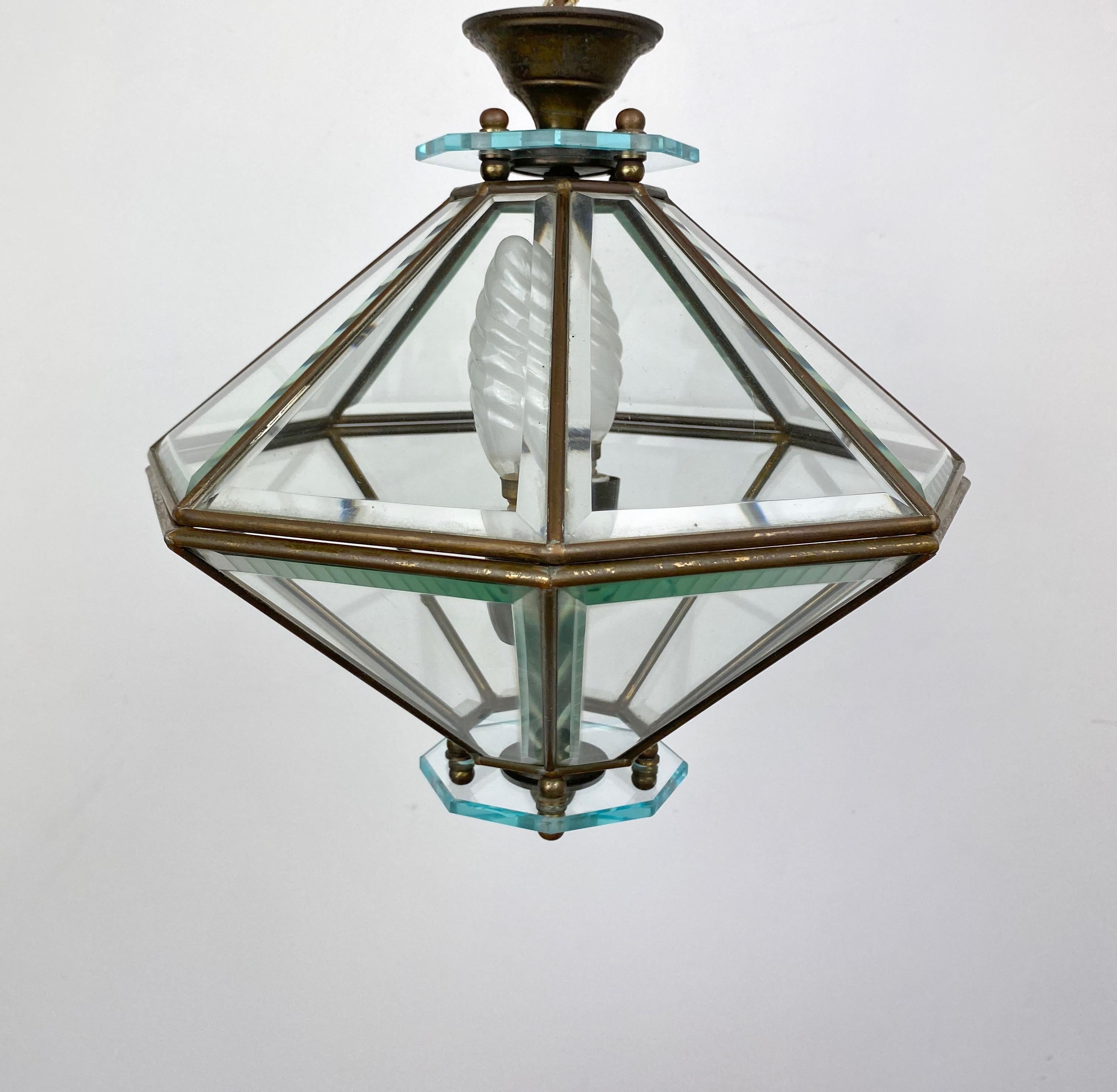 Octagonal Diamond Chandelier Lantern Brass and Glass Fontana Arte, Italy, 1950s For Sale 1