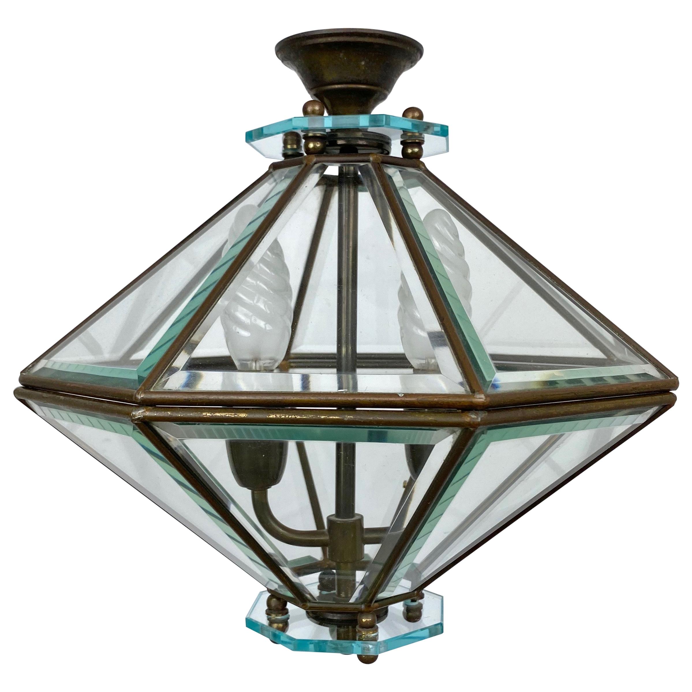 Lustre octogonal en forme de diamant Lanterne en laiton et verre Fontana Arte:: Italie:: années 1950