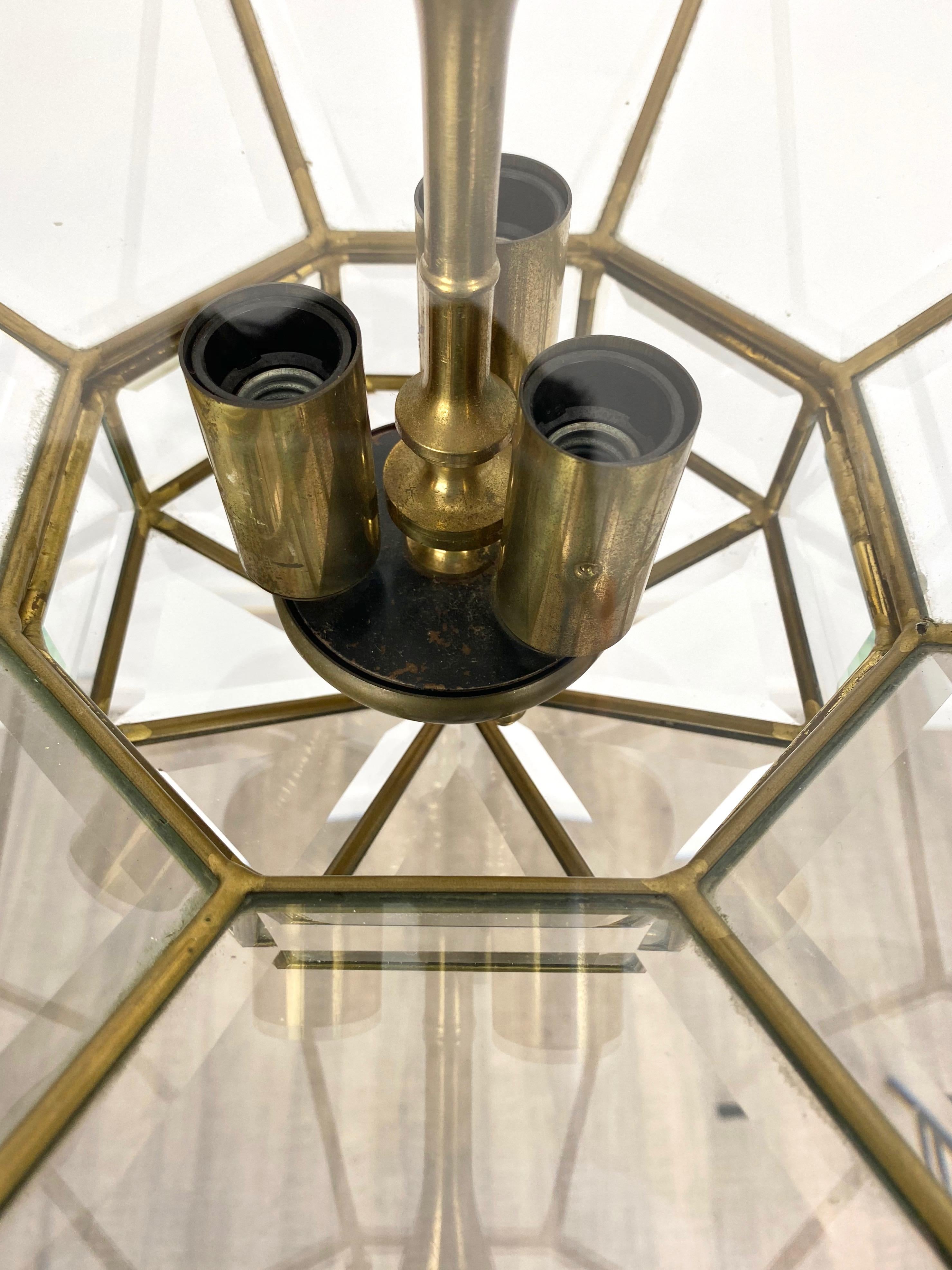 Octagonal Diamond Chandelier Lantern Brass and Glass Fontana Arte Style, Italy For Sale 1
