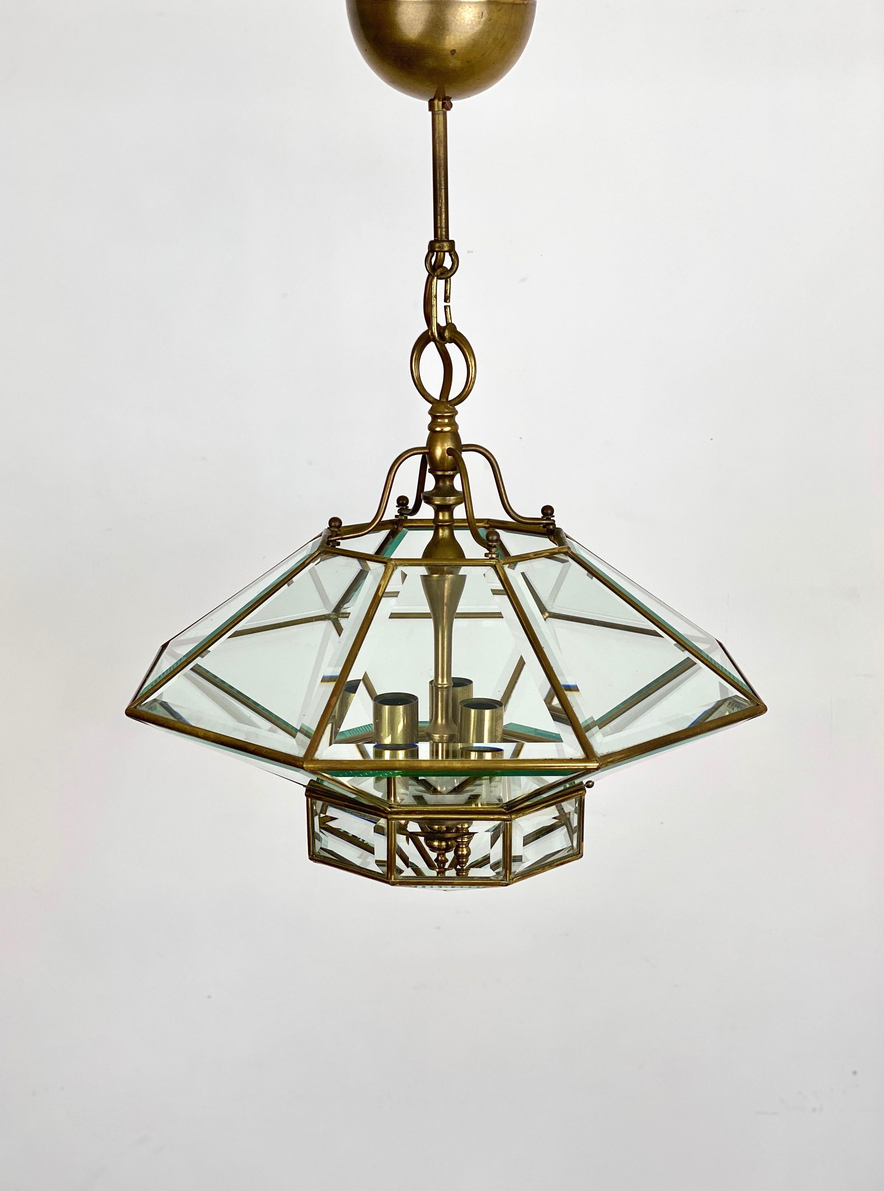 Octagonal Diamond Chandelier Lantern Brass and Glass Fontana Arte Style, Italy For Sale 2