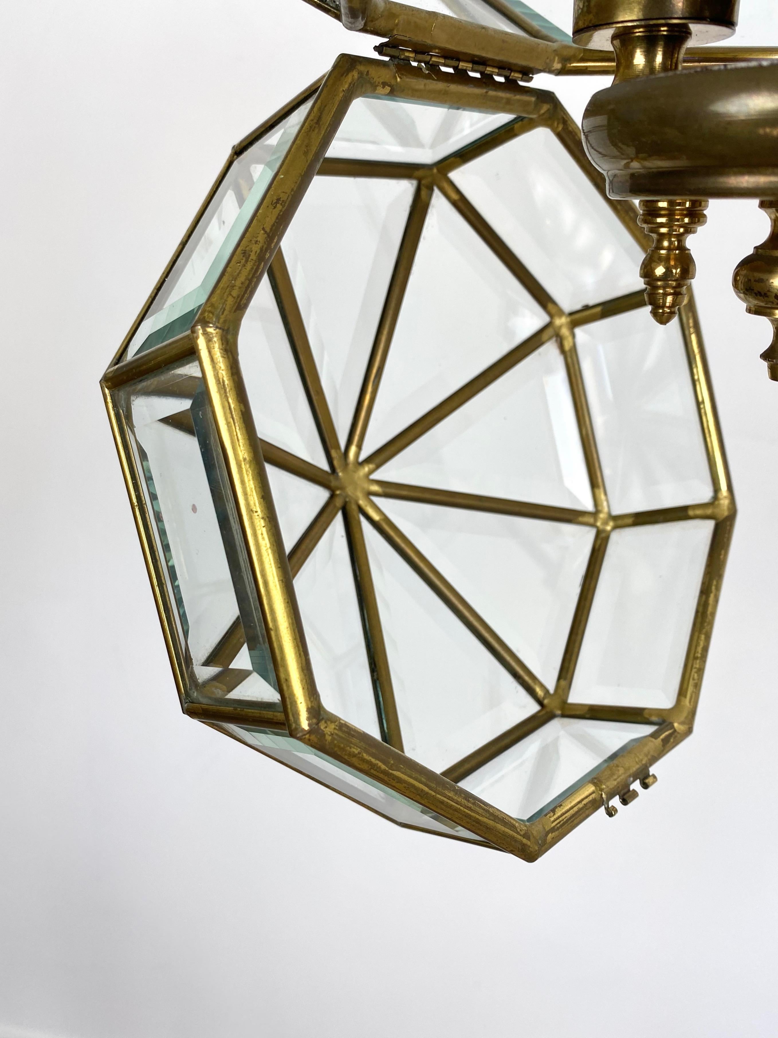 Italian Octagonal Diamond Chandelier Lantern Brass and Glass Fontana Arte Style, Italy For Sale