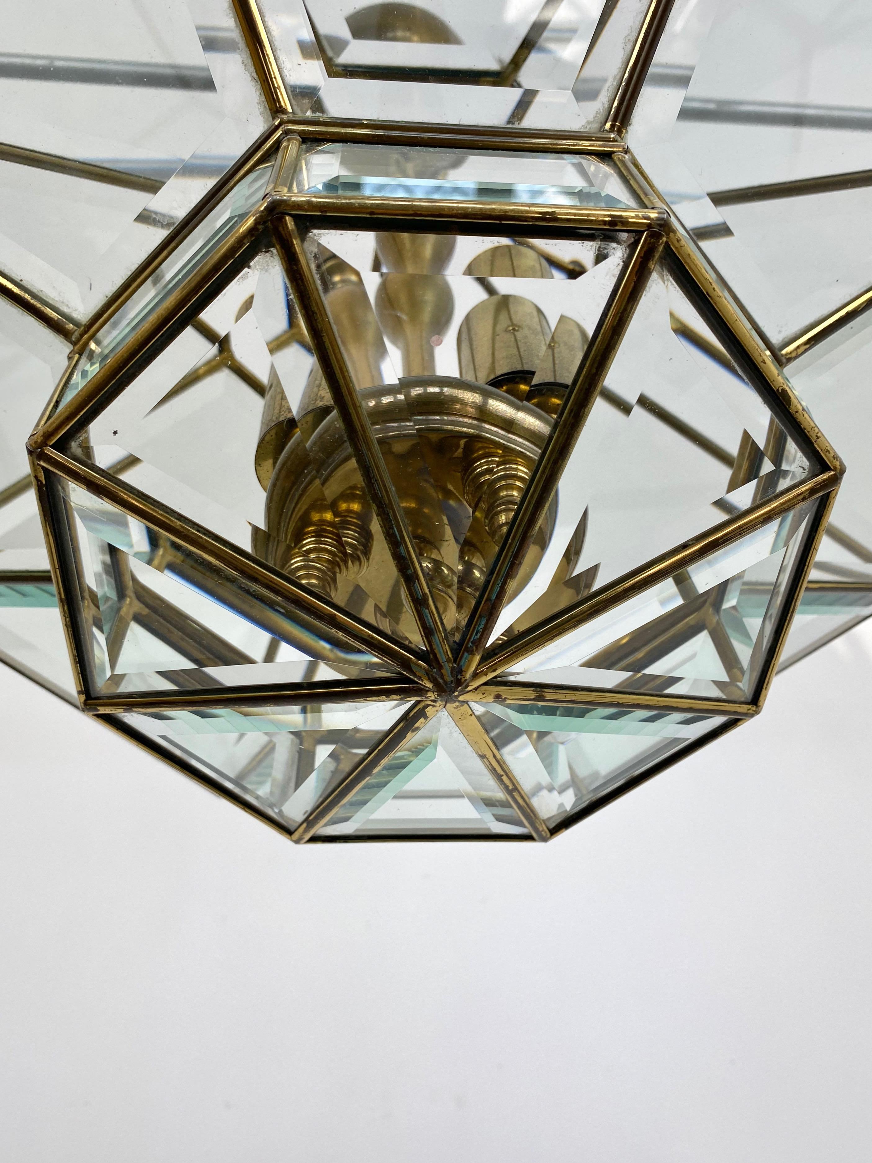 Octagonal Diamond Chandelier Lantern Brass and Glass Fontana Arte Style, Italy In Good Condition For Sale In Rome, IT