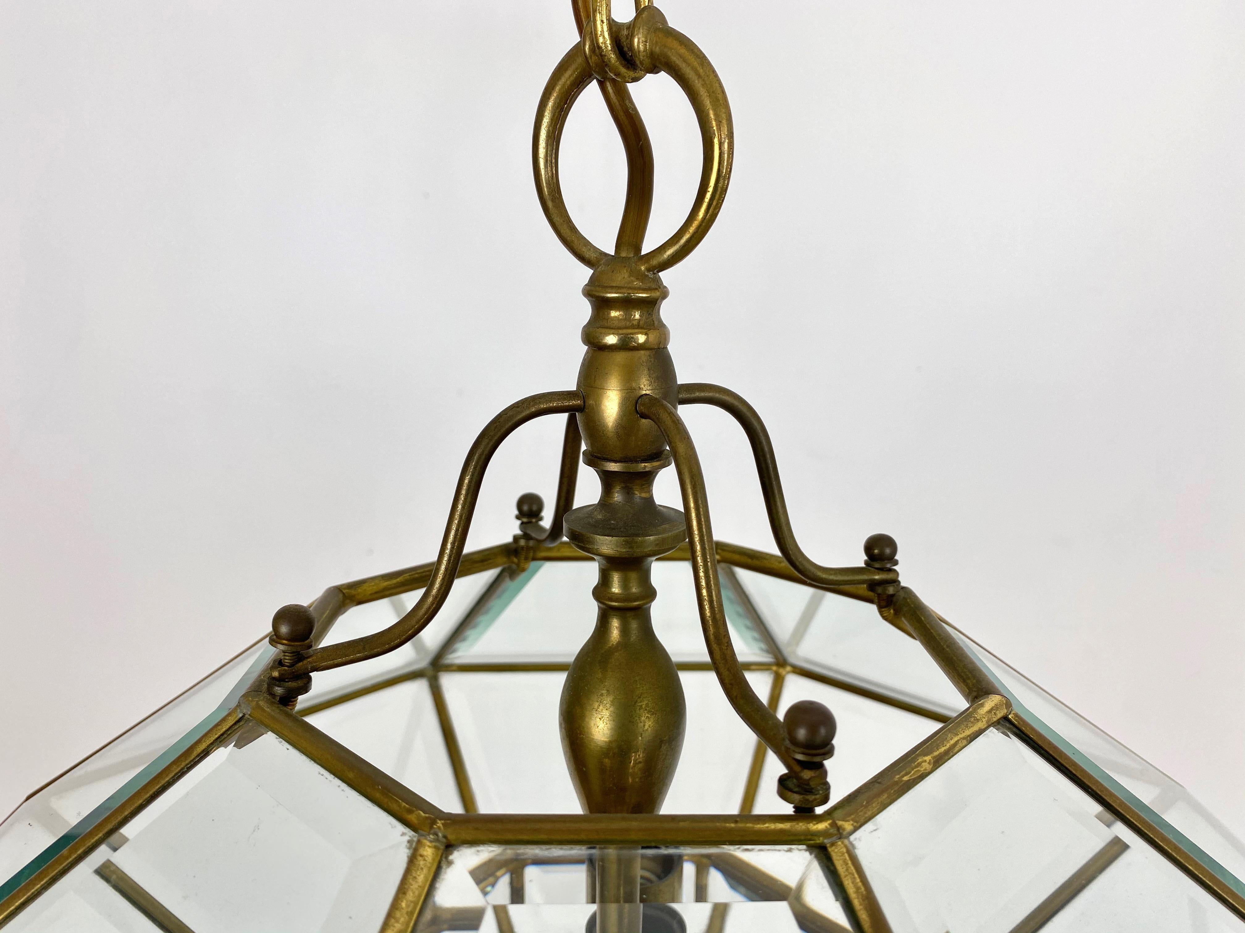 Mid-20th Century Octagonal Diamond Chandelier Lantern Brass and Glass Fontana Arte Style, Italy For Sale