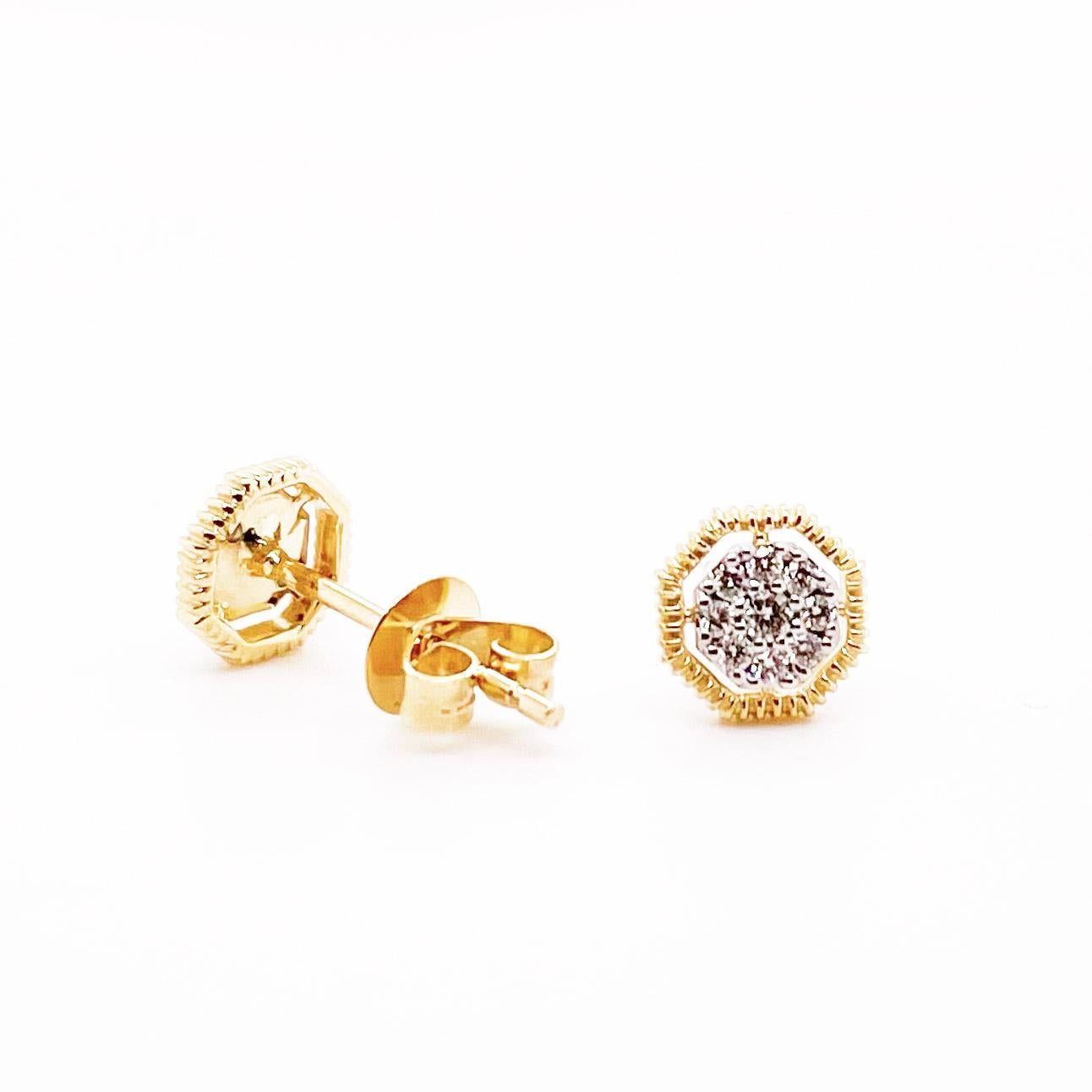 The eight diamond cluster earrings have a total of sixteen diamonds all set in 14 karat solid gold. There is a 14 karat white gold center and a 14 karat yellow gold textured edge with 14 karat yellow gold posts. The details for these gorgeous