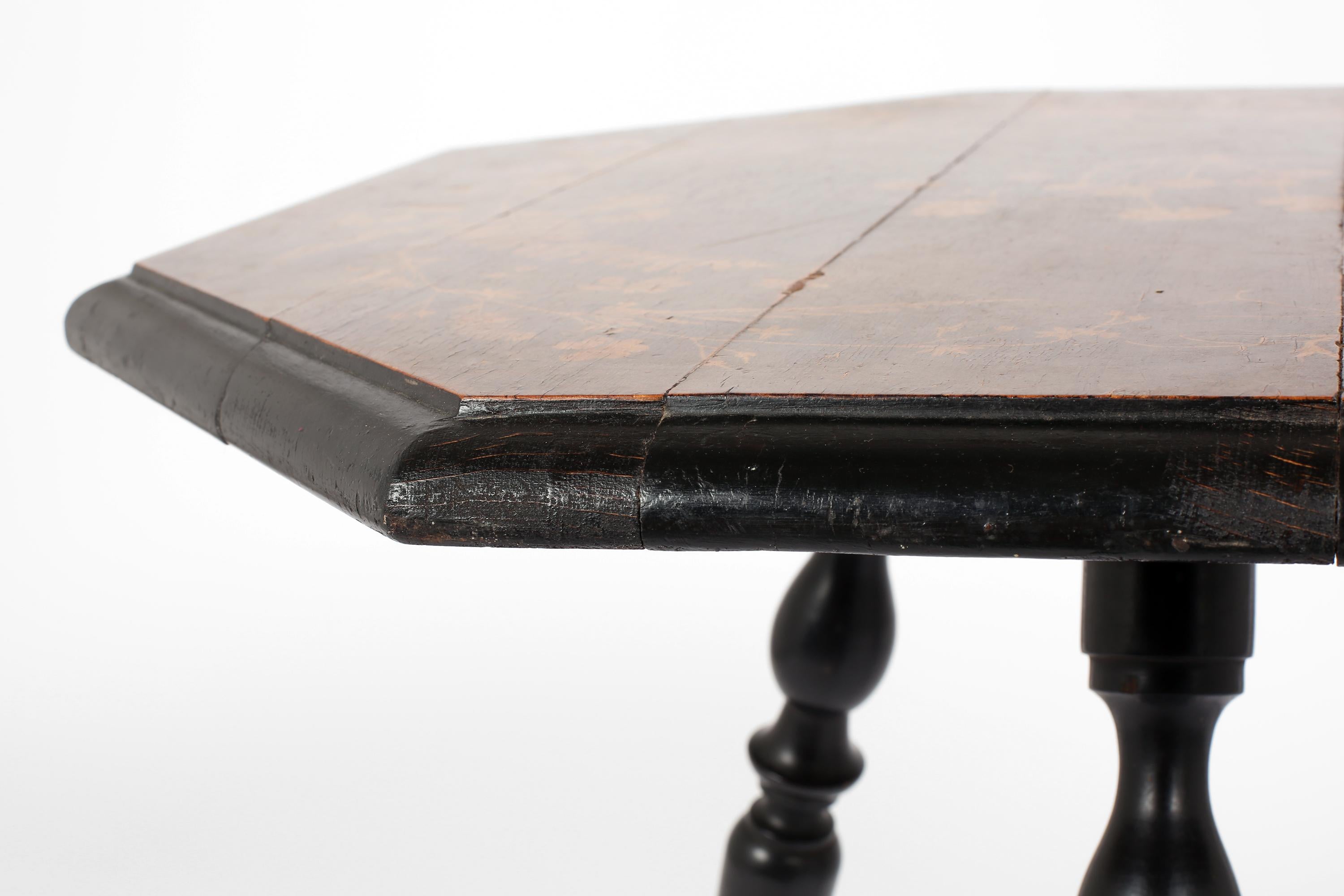 Arts and Crafts Octagonal Ebonised Marquetry Occasional Table, French c. 1900