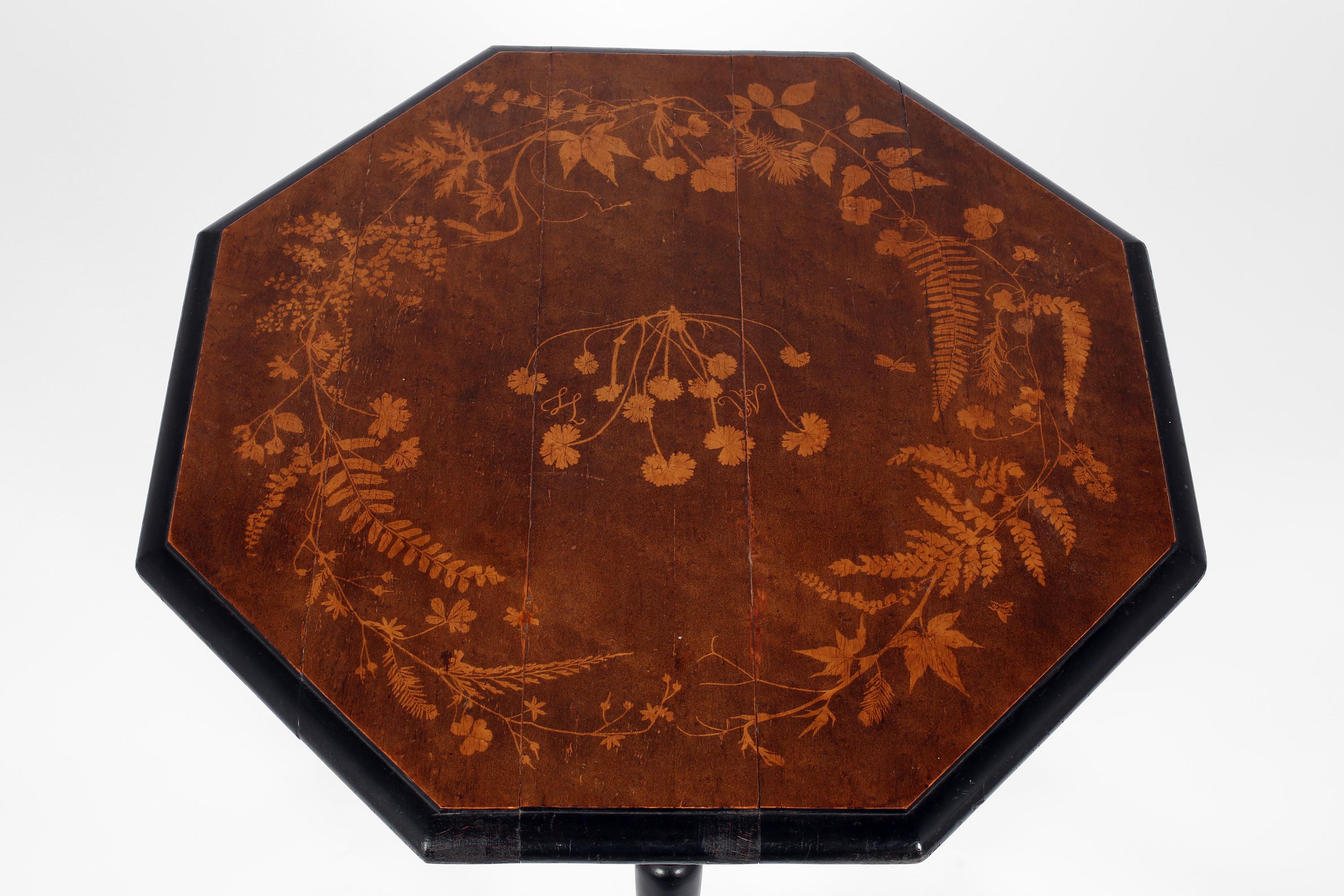 20th Century Octagonal Ebonised Marquetry Occasional Table, French c. 1900