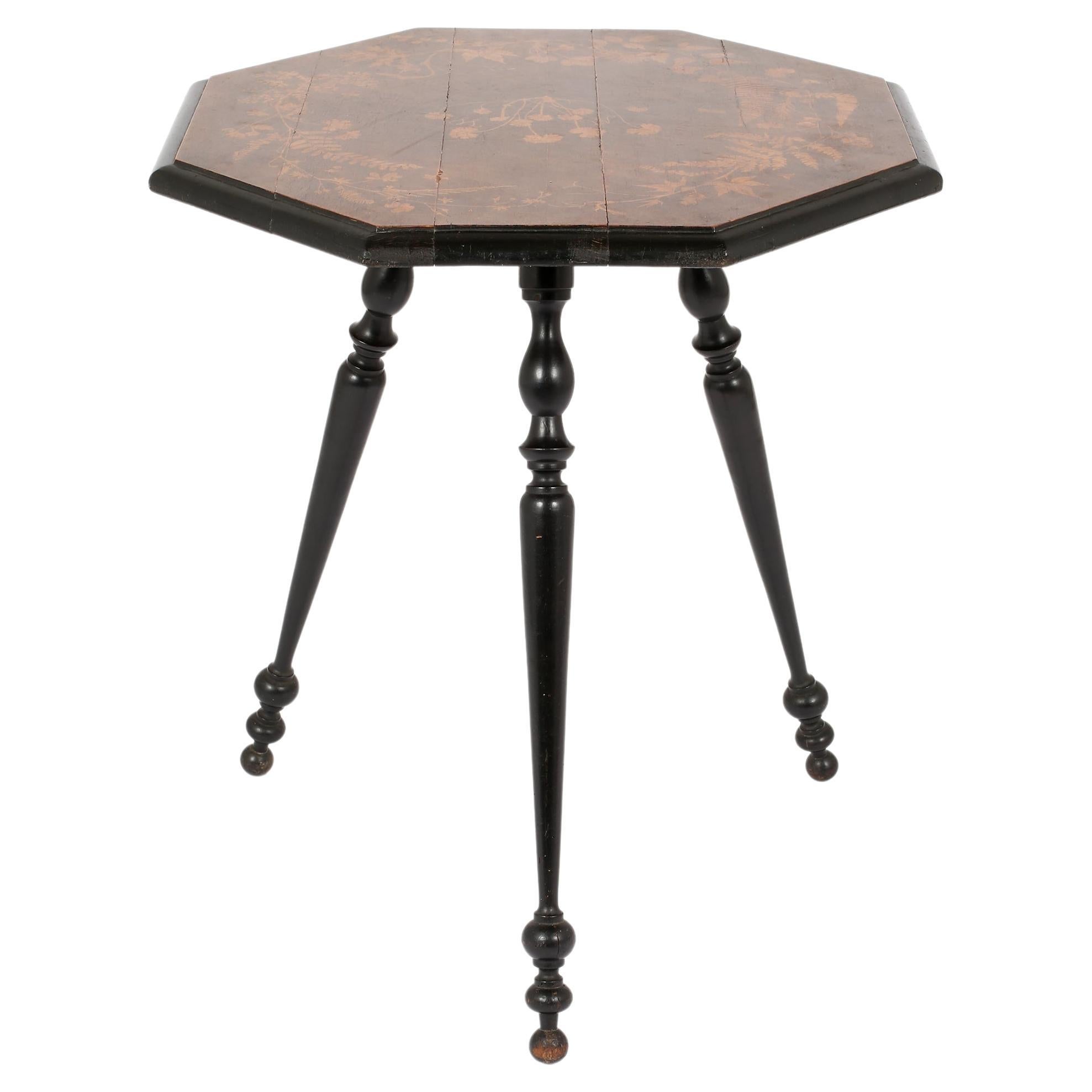 Octagonal Ebonised Marquetry Occasional Table, French c. 1900