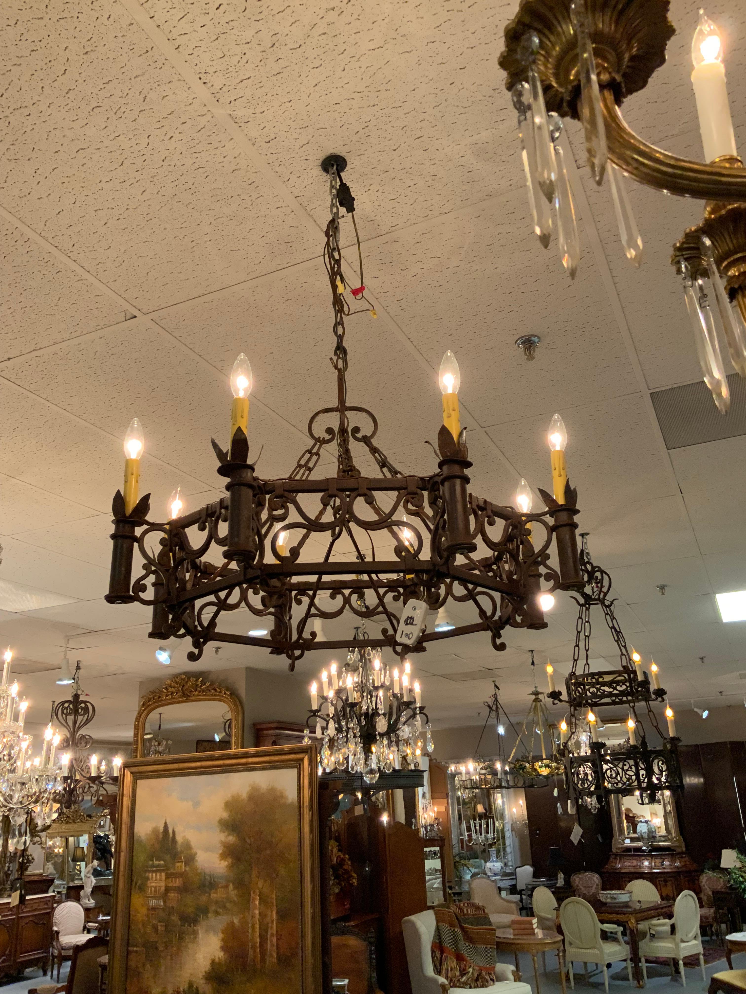 Spanish Octagonal eight light iron chandelier in chocolate finish For Sale