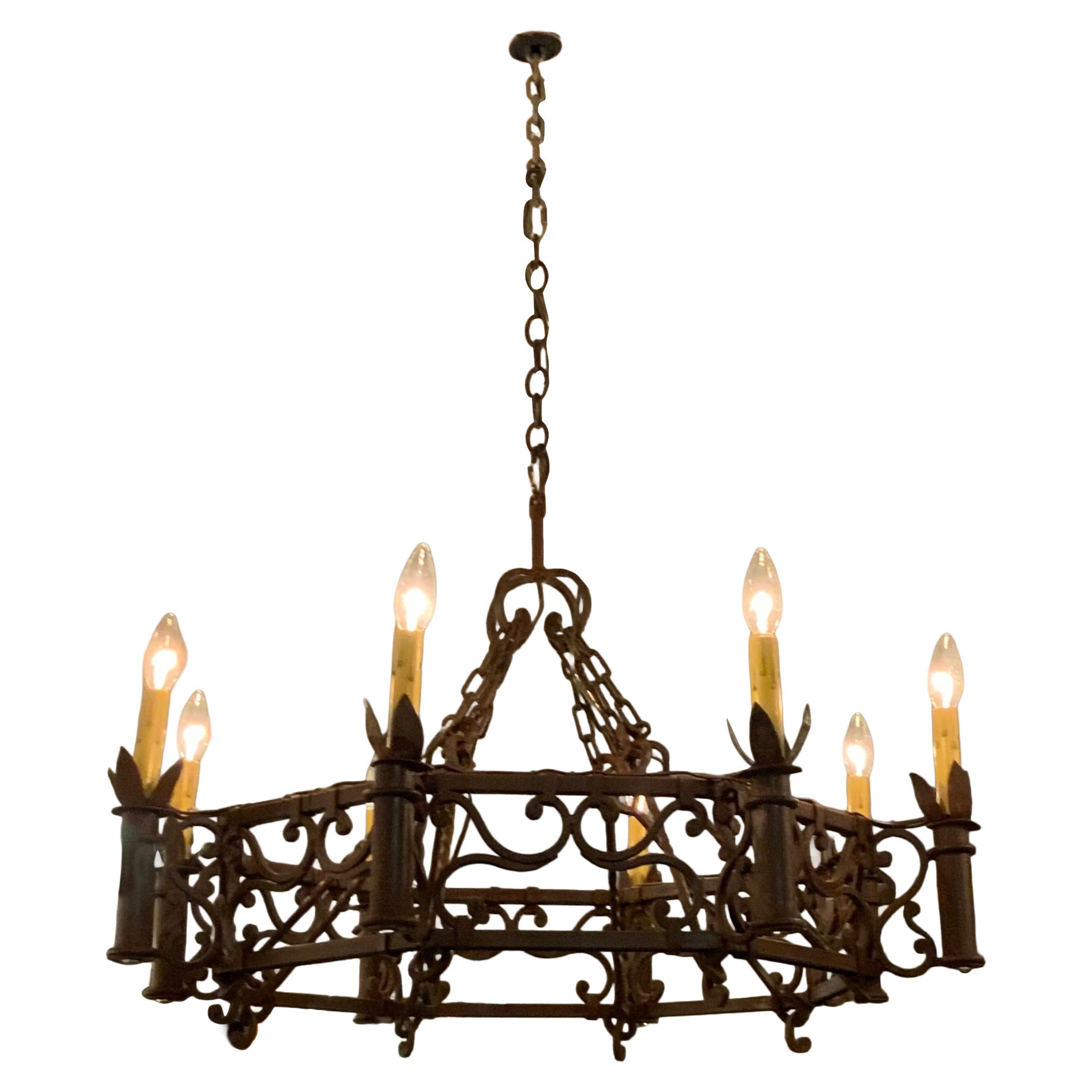 Octagonal eight light iron chandelier in chocolate finish For Sale
