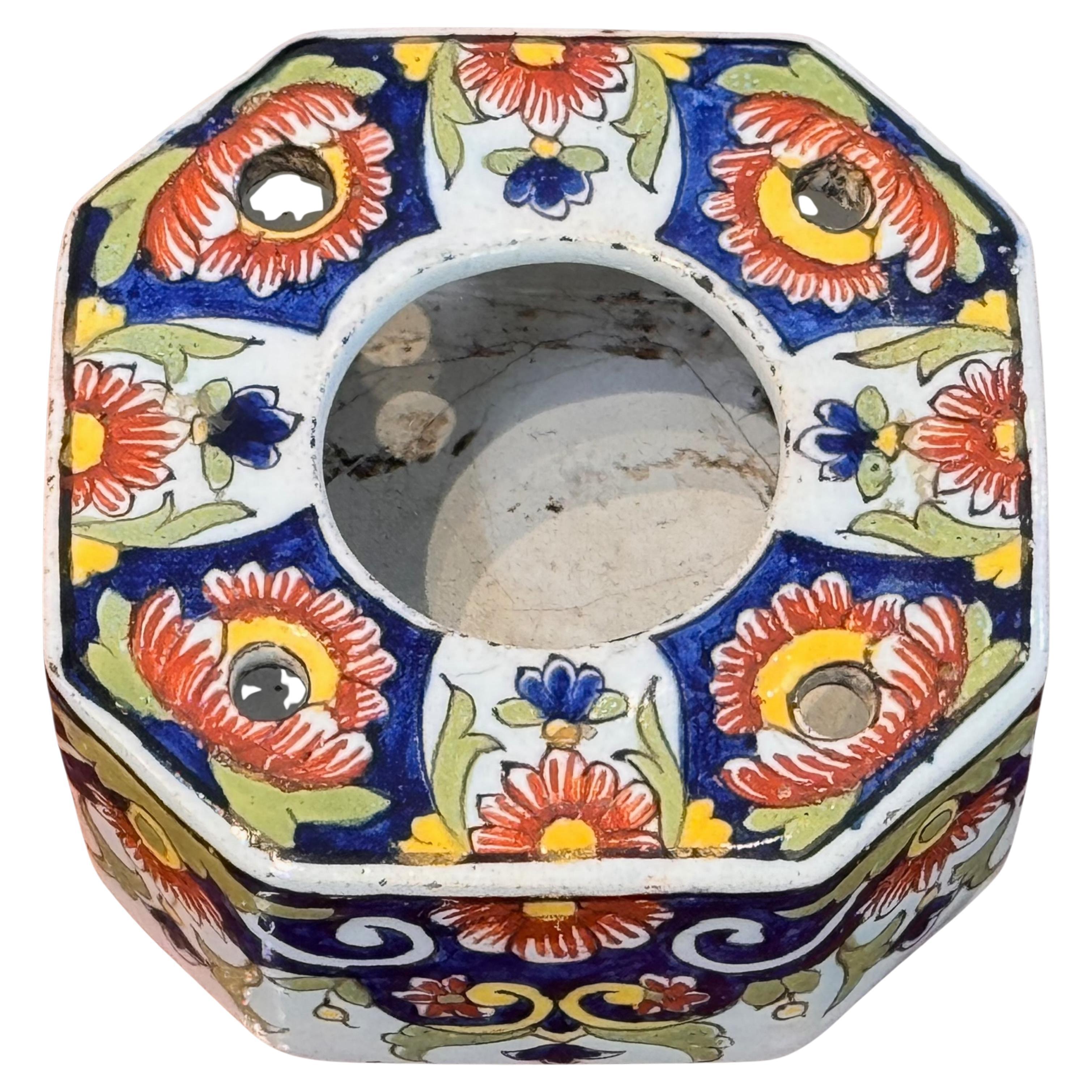 Octagonal Faience Inkwell With Polychrome Floral Motif
