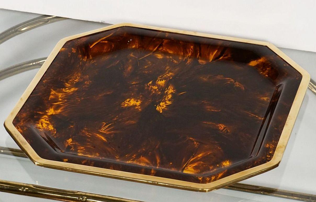 Mid-Century Modern Octagonal Faux Tortoise Lucite Tray from France (Diameter 18 1/2) For Sale