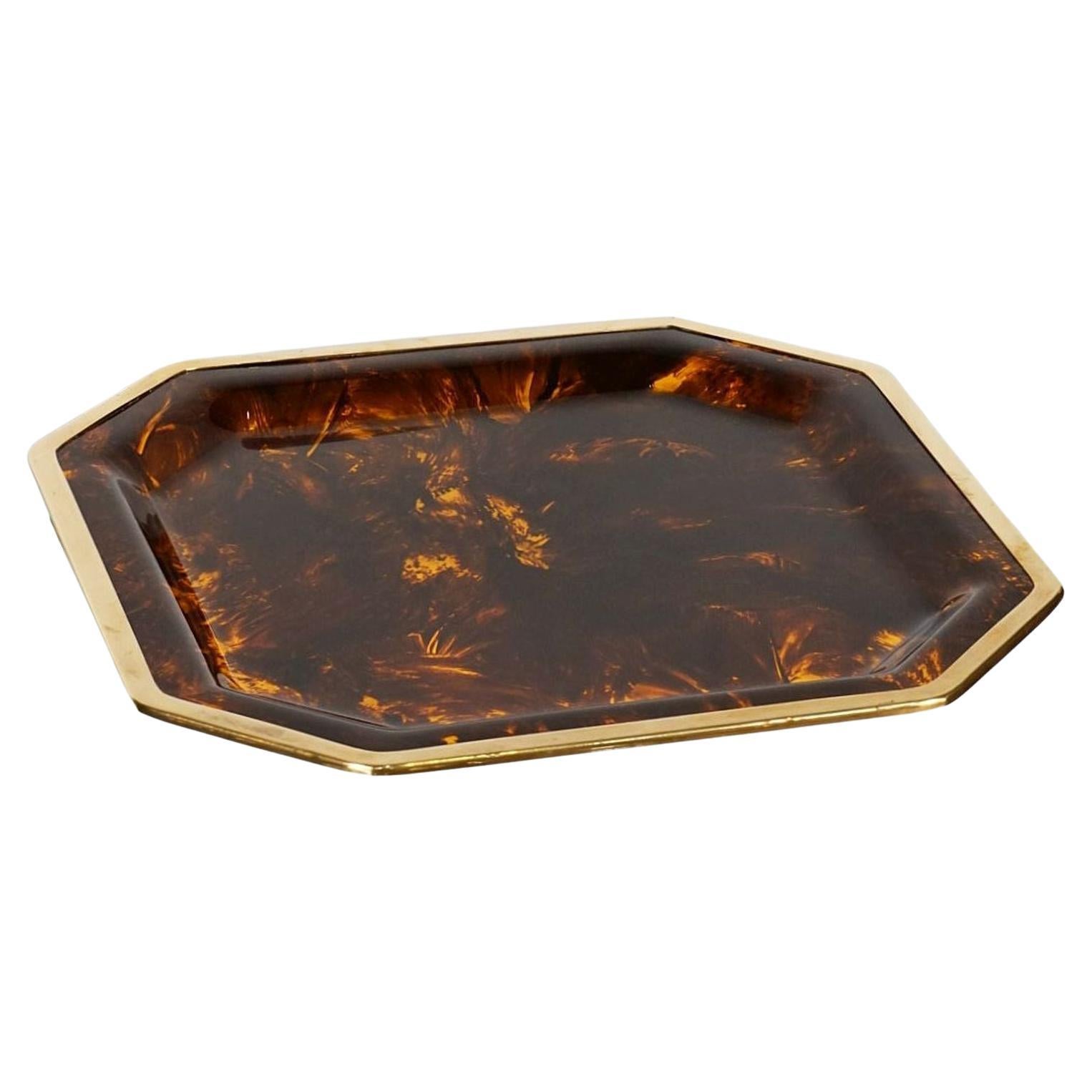 Octagonal Faux Tortoise Lucite Tray from France (Diameter 18 1/2) For Sale