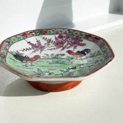 Octagonal Footed Chinoiserie Trinket Dish with Roosters & Floral Motif, Signed