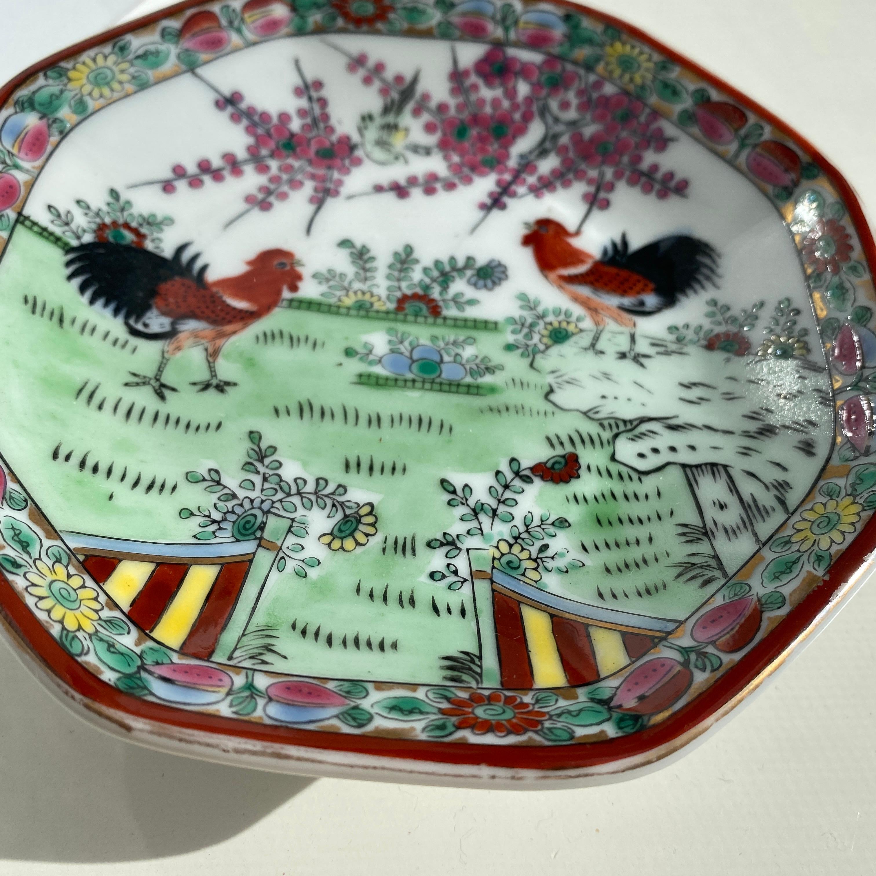 Chinese Octagonal Footed Chinoiserie Trinket Dish with Roosters & Floral Motif, Signed For Sale
