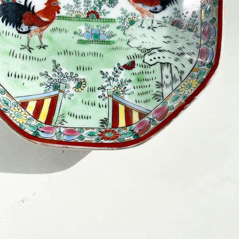 Octagonal Footed Chinoiserie Trinket Dish with Roosters & Floral Motif, Signed In Good Condition For Sale In Oklahoma City, OK