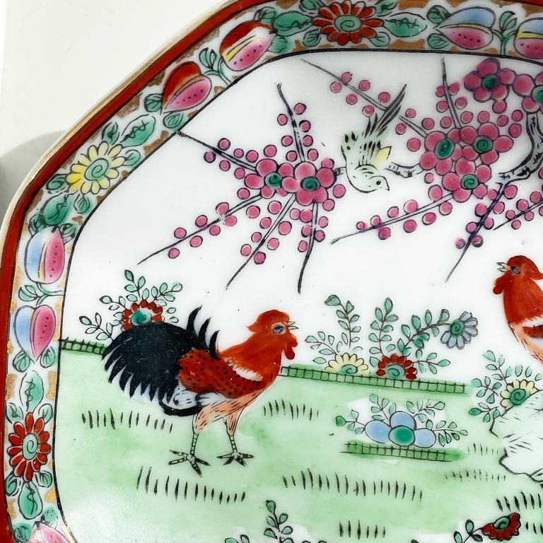 20th Century Octagonal Footed Chinoiserie Trinket Dish with Roosters & Floral Motif, Signed For Sale