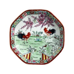 Antique Octagonal Footed Chinoiserie Trinket Dish with Roosters & Floral Motif, Signed