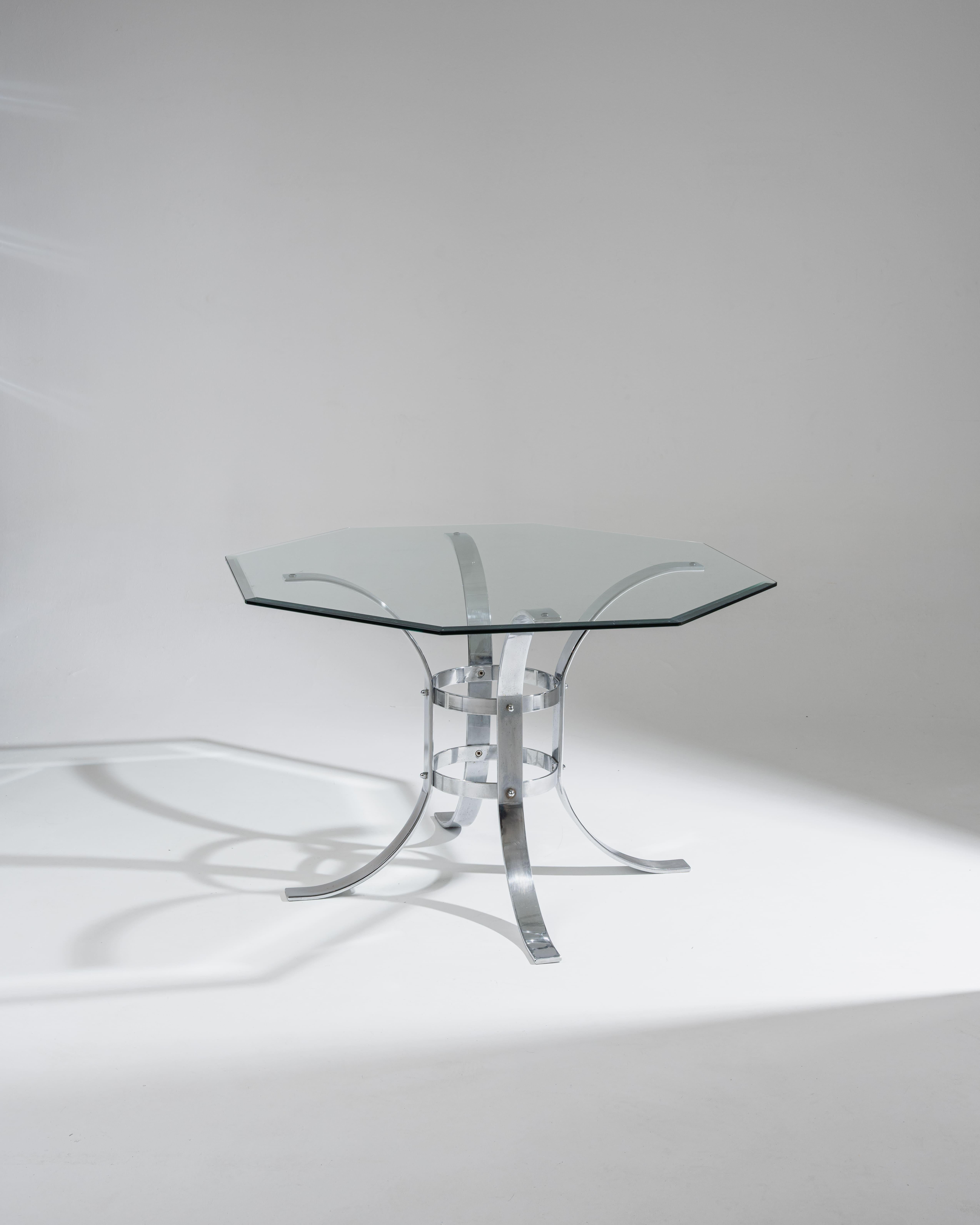 Mesa de comedor octogonal de cristal y metal, años 70 en Bueno estado para la venta en PARIS, FR