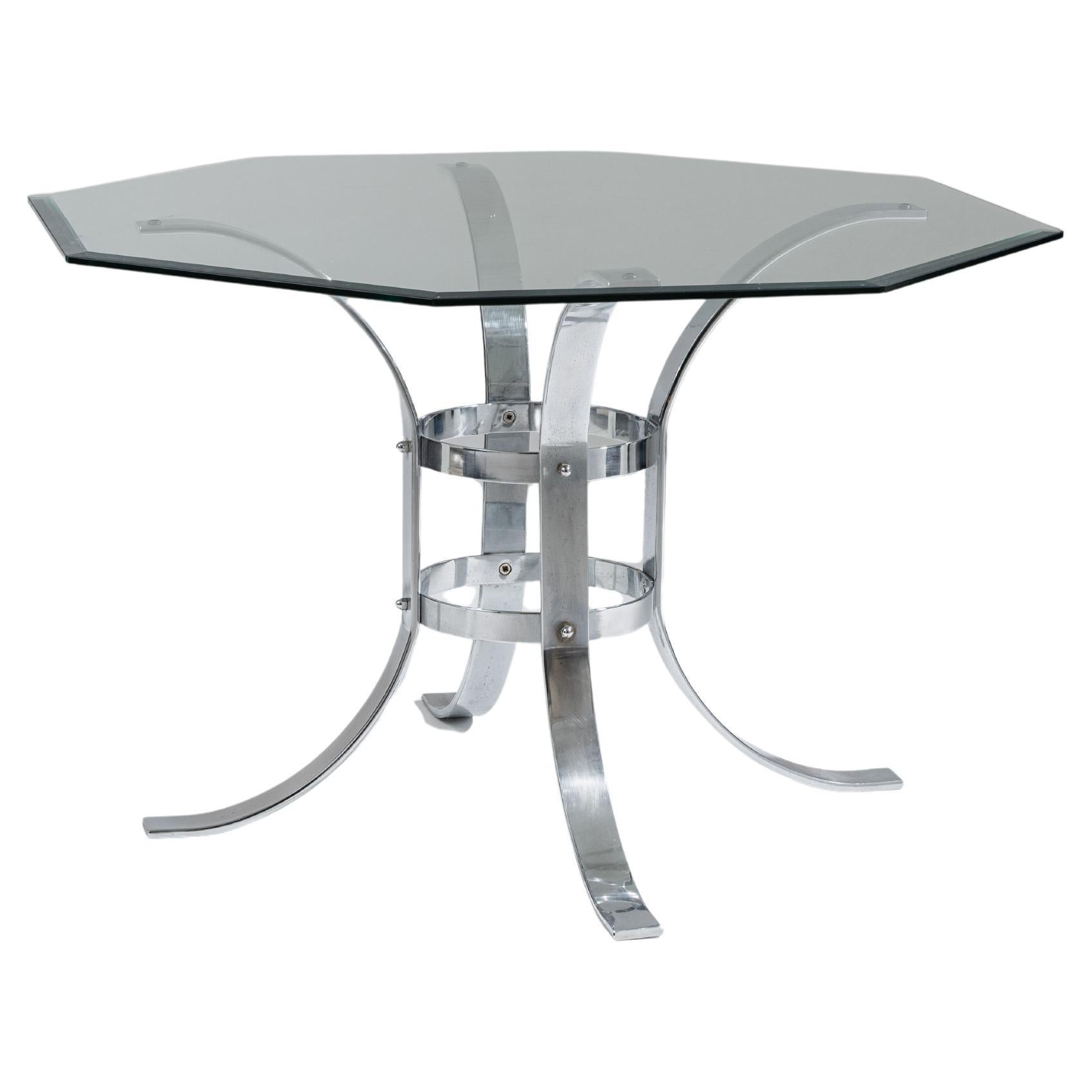 Mesa de comedor octogonal de cristal y metal, años 70 en venta