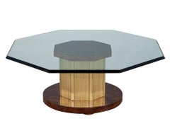 Octagonal Glass Top Coffee Table in Burled Walnut and Brass by Mastercraft