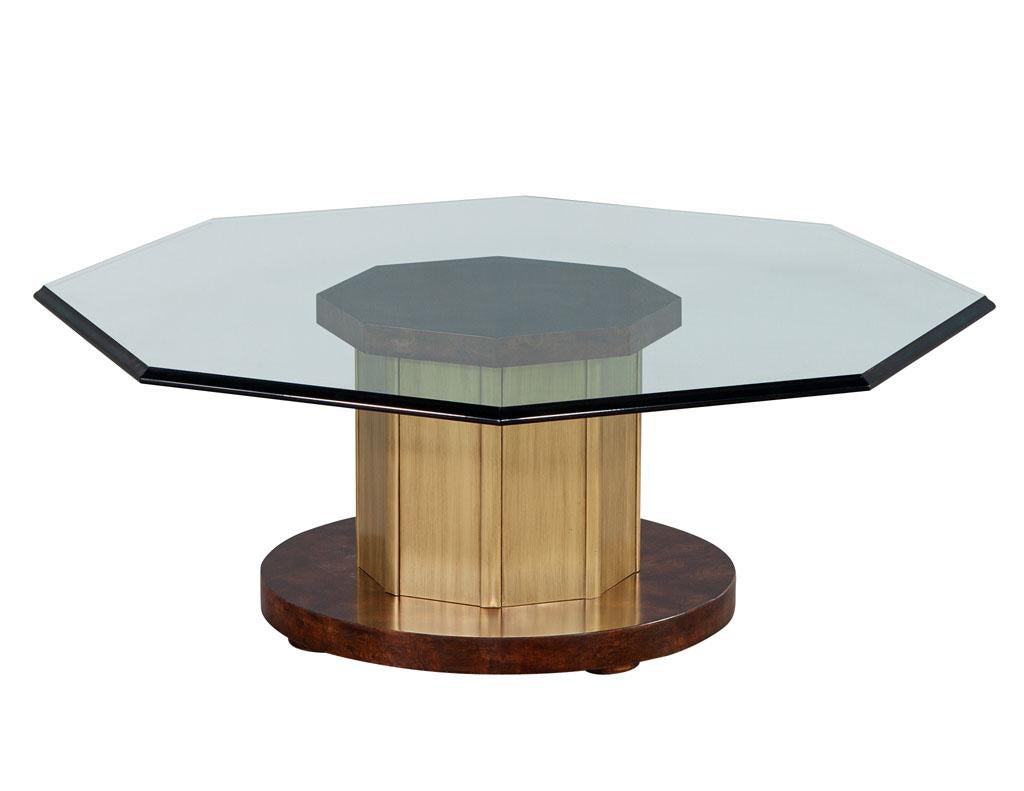 Octagonal Glass Top Coffee Table in Burled Walnut and Brass by Mastercraft For Sale 1
