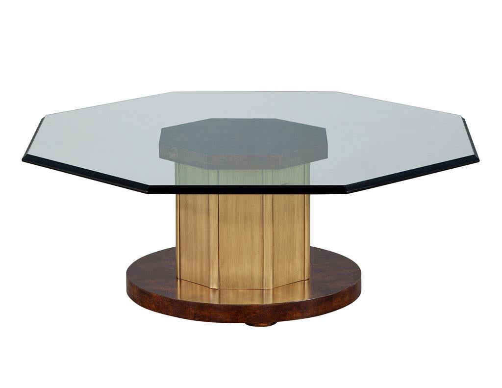 Octagonal Glass Top Coffee Table in Burled Walnut and Brass by Mastercraft For Sale 2