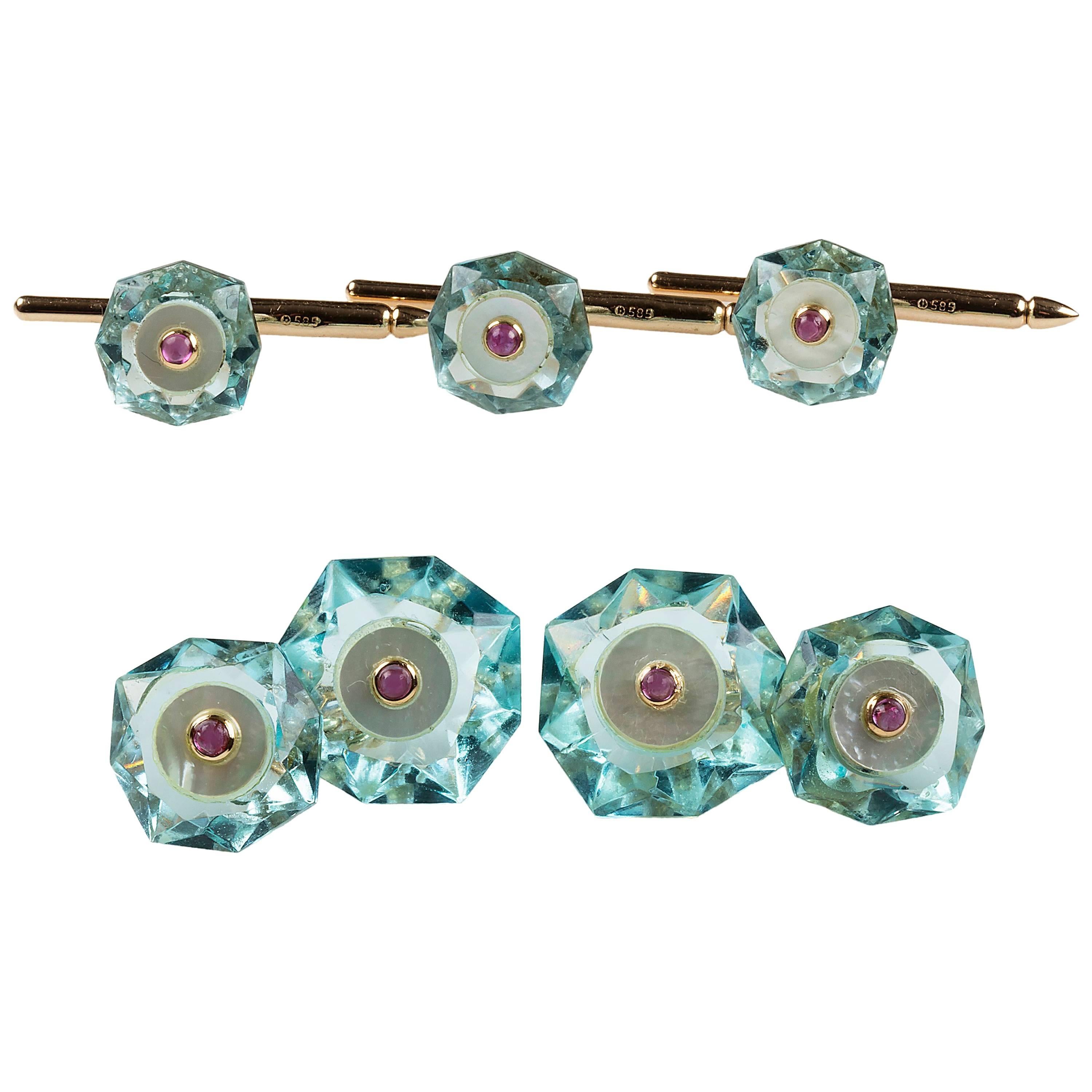 Boutons de manchette et boutons octogonaux en or avec topaze bleu pâle et nacre