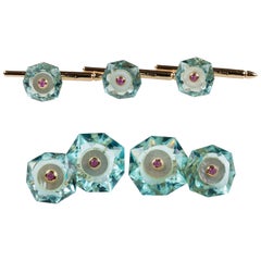 Octagonal Gold Cufflinks and Buttons in Pale Blue Topaz and Mother of Pearl 