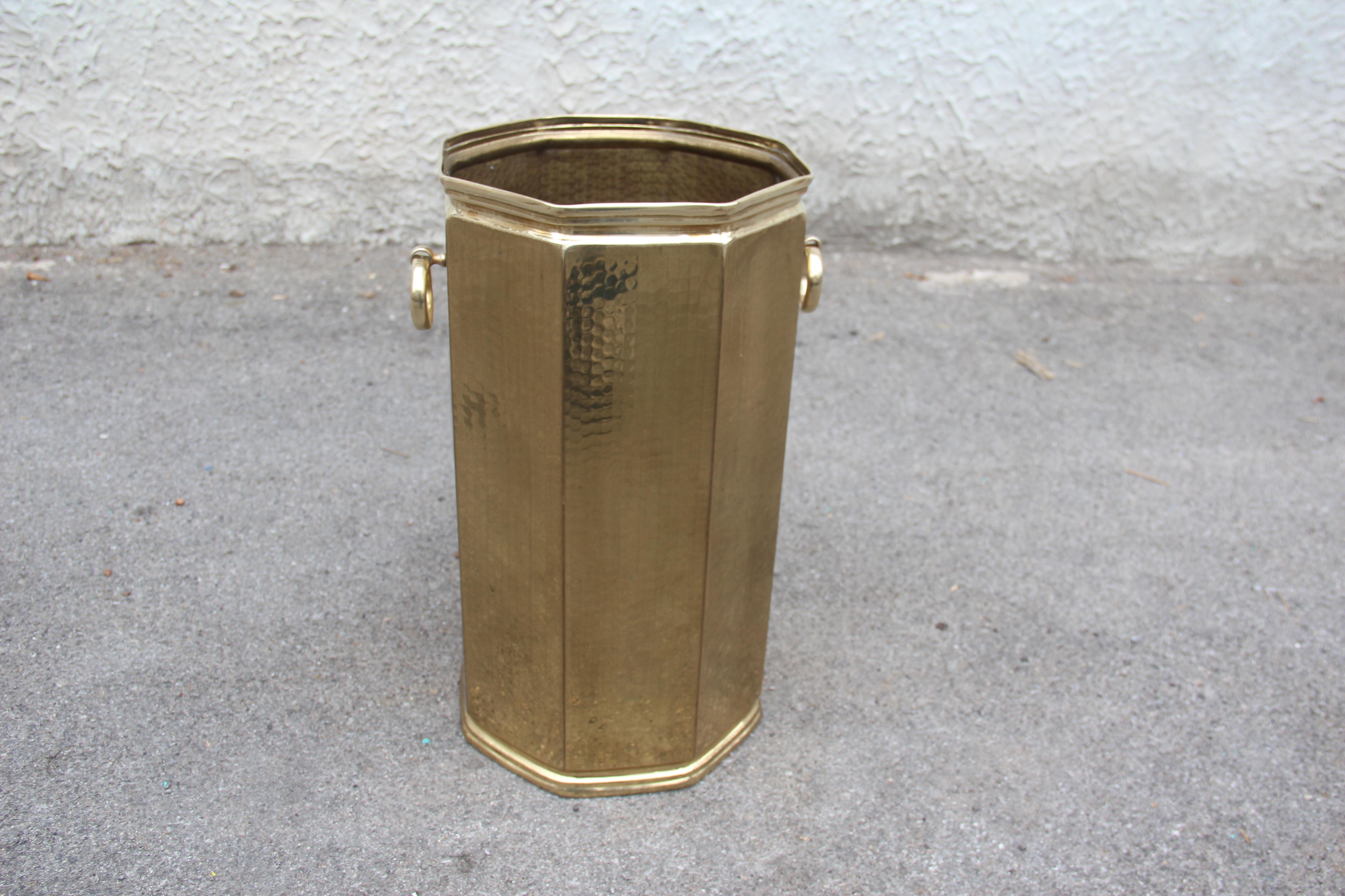 Octagonal golden brass umbrella stand Italian design 1970s hammered.