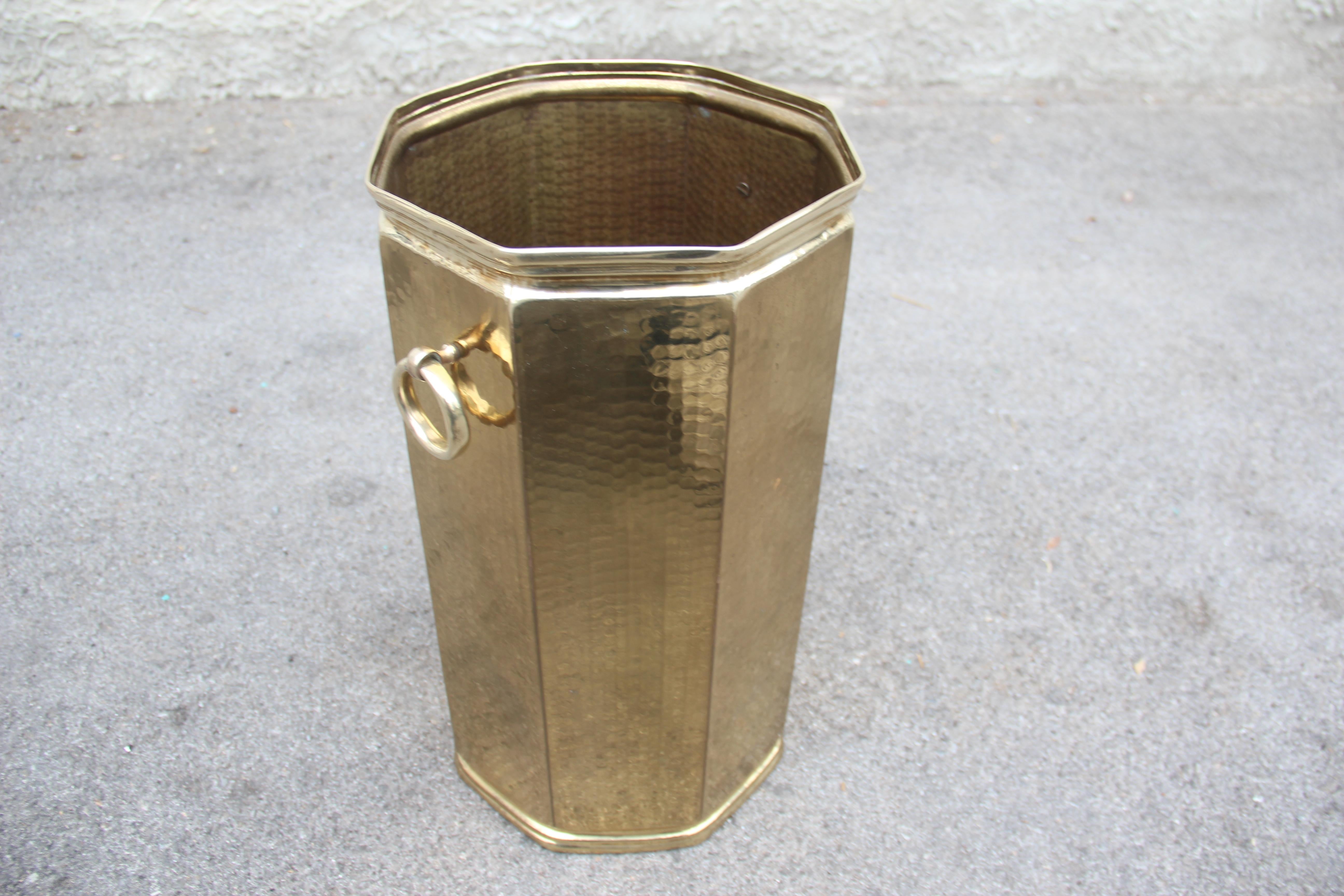 Octagonal Golden Brass Umbrella Stand Italian Design 1970s Hammered 3