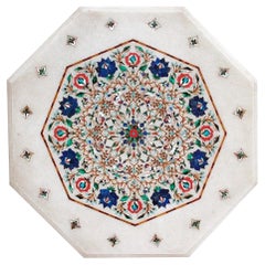 Octagonal Hand-Carved Marble Table with Pietre Dure Inlay Mosaic