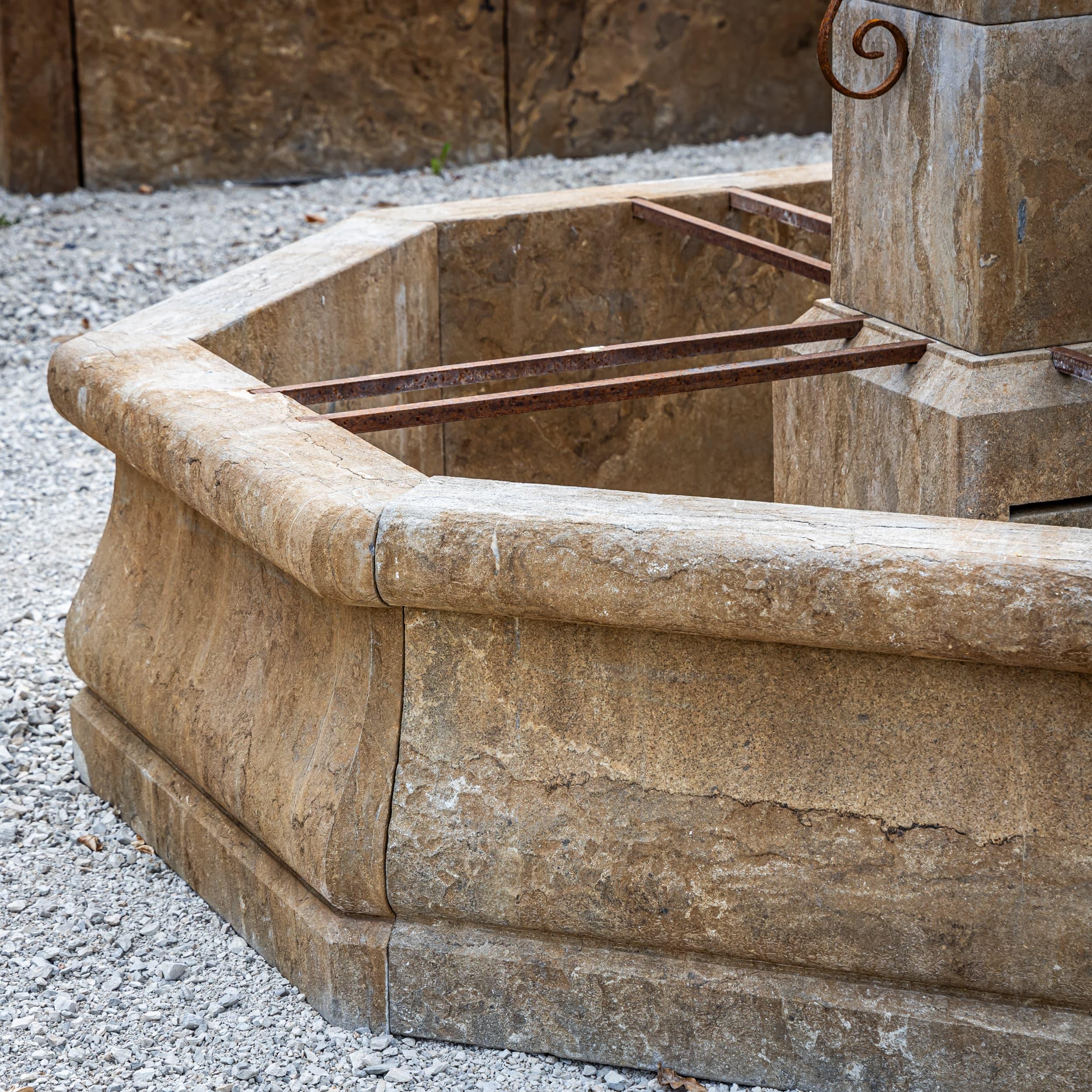 Renaissance Octagonal Hand-Carved Stone Fountain, 21st Century For Sale