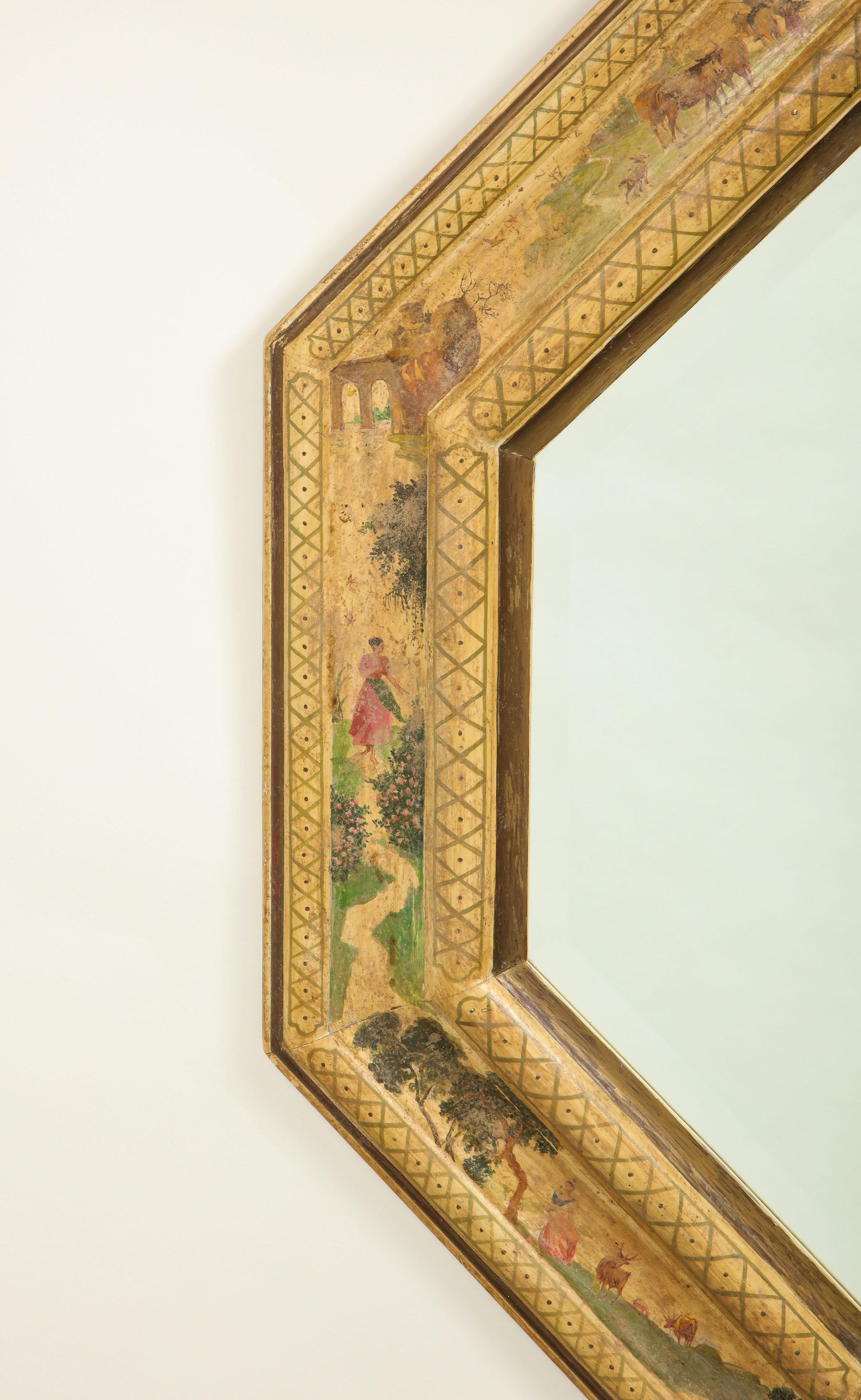 Octagonal Hand Painted and Gilt Mirror In Good Condition In New York, NY