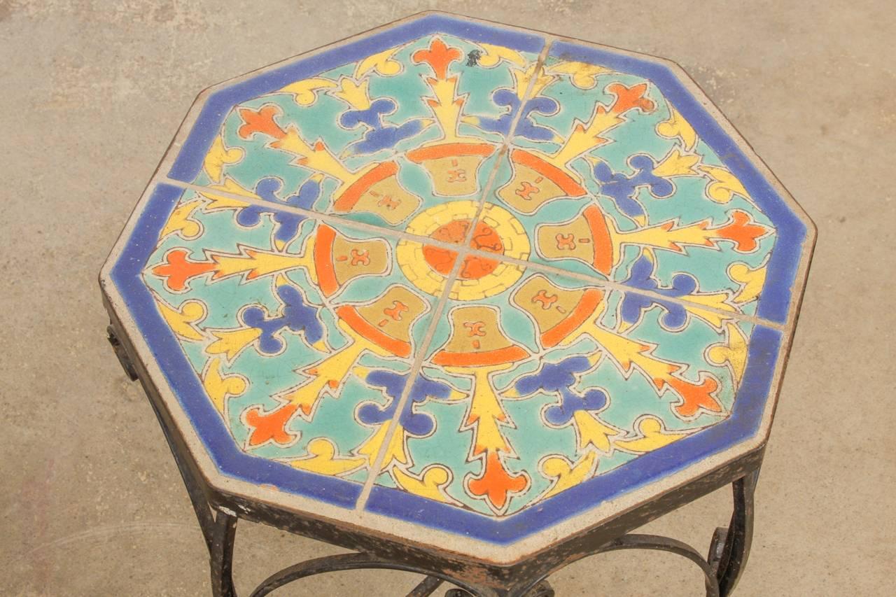 Art Deco Octagonal Iron Tile-Top Drink Table by Catalina Tile